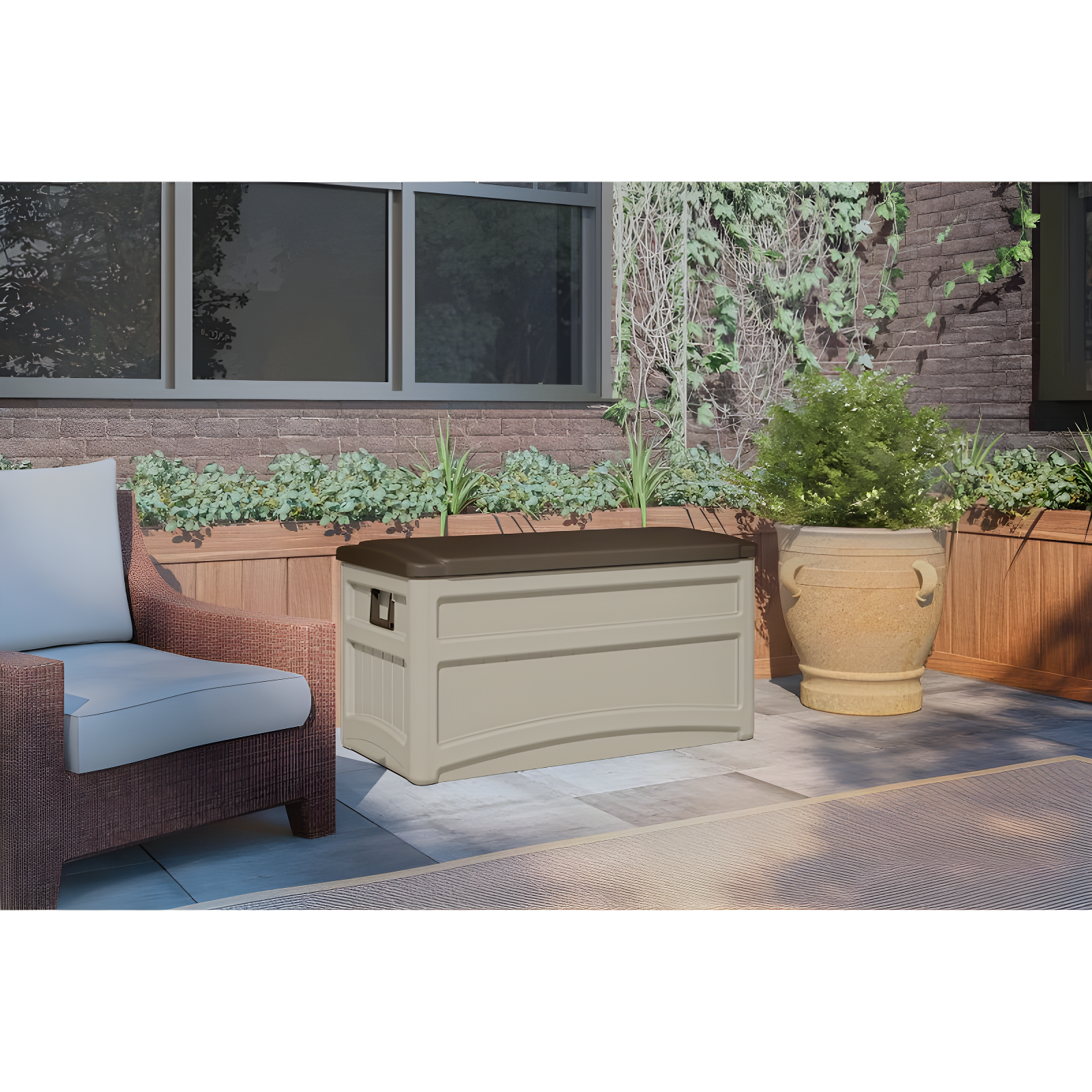 Suncast Suncast 78 Gallon Water Resistant Resin Deck Box with Wheels in Light Taupe/Mocha