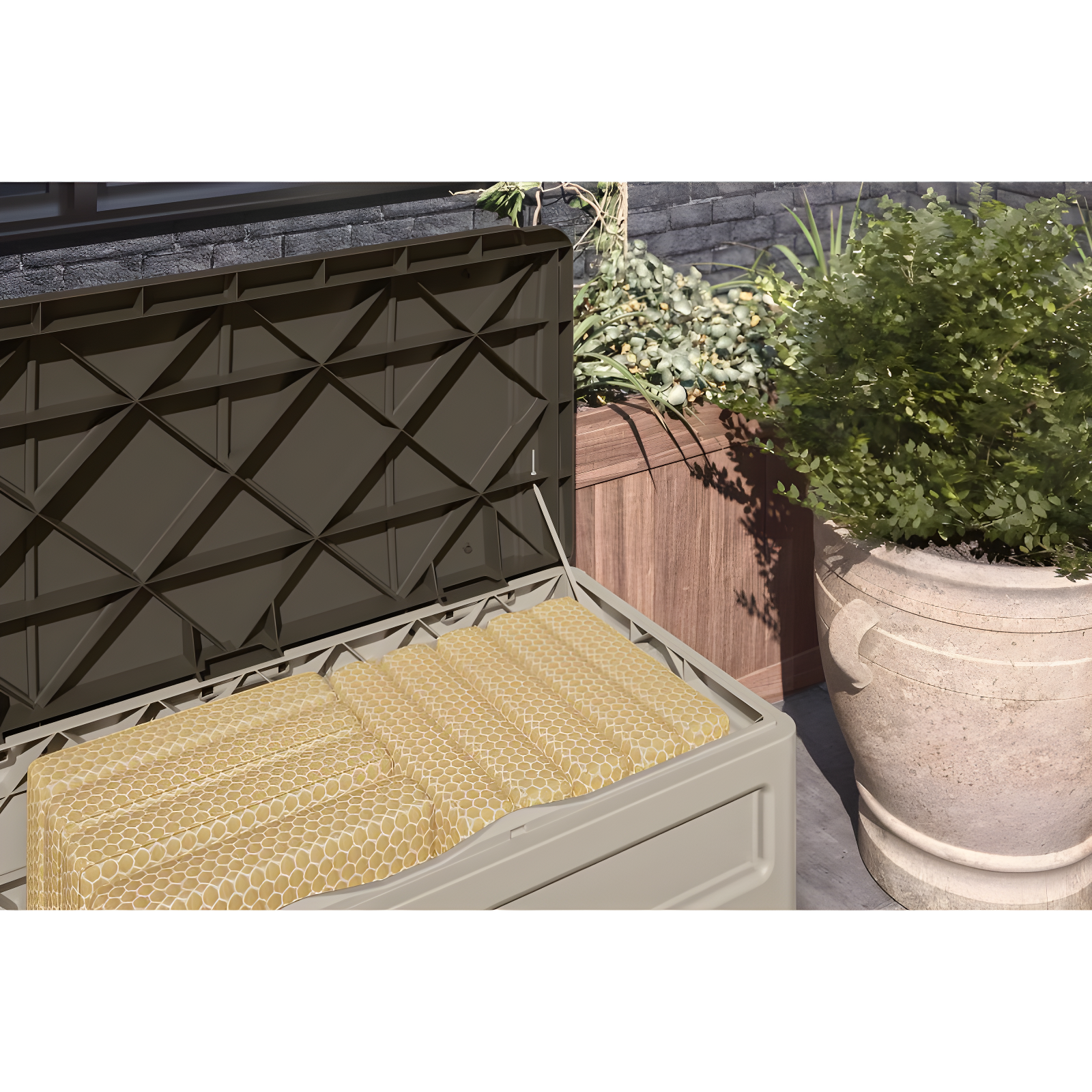 Suncast Suncast 78 Gallon Water Resistant Resin Deck Box with Wheels in Light Taupe/Mocha