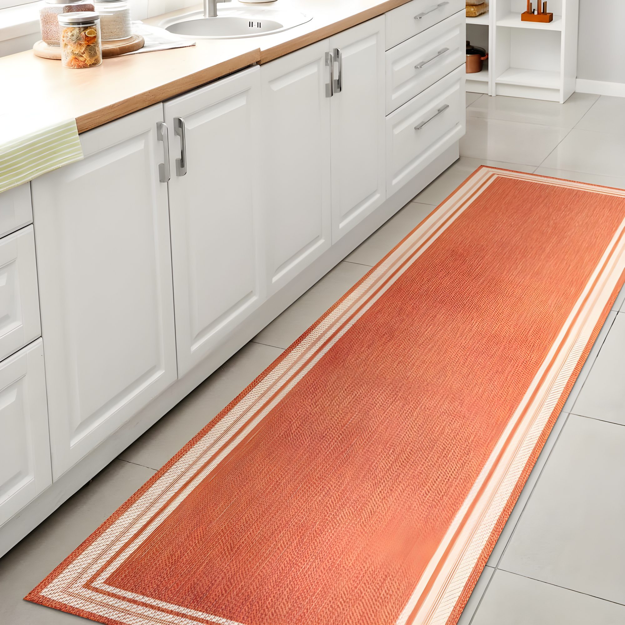 2' x 8' James Modern Border Stripe Indoor/Outdoor Runner Rug, Orange/Cream - JONATHAN Y