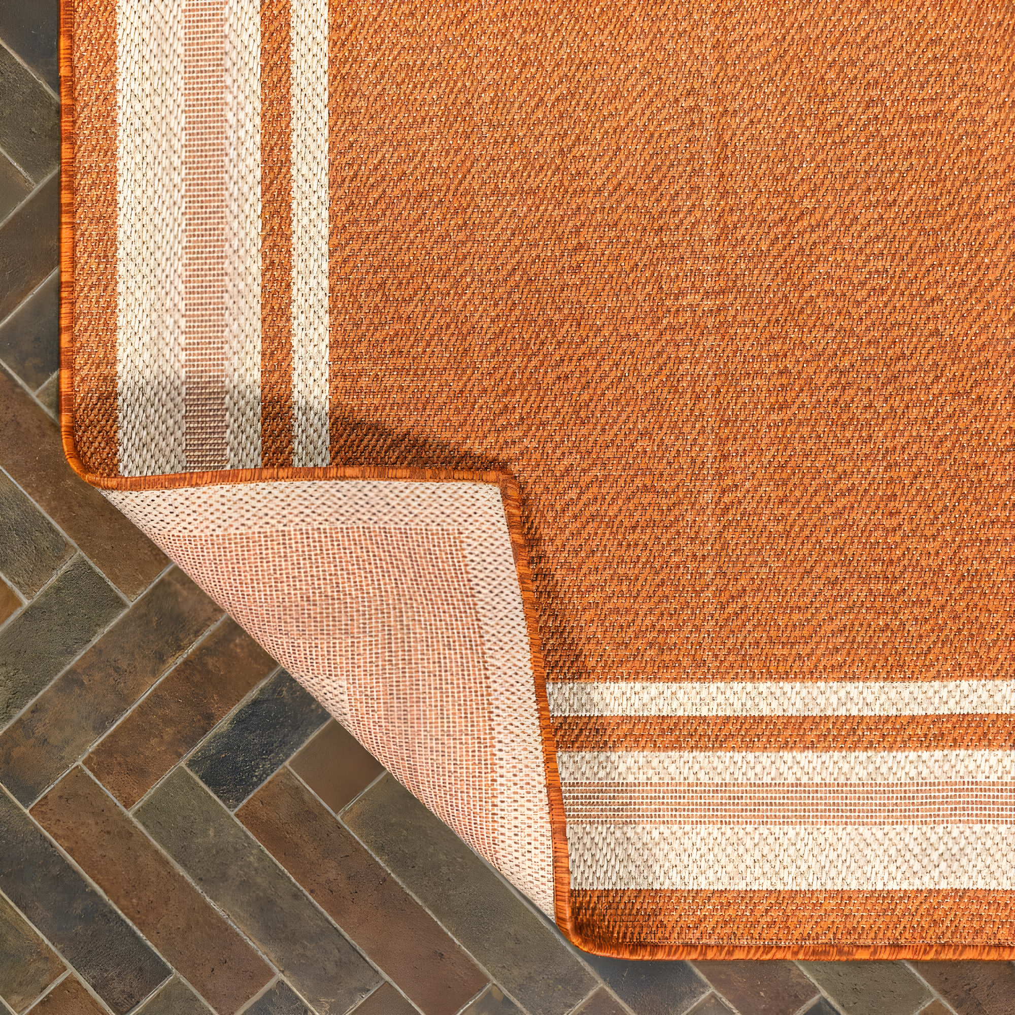 2' x 8' James Modern Border Stripe Indoor/Outdoor Runner Rug, Orange/Cream - JONATHAN Y