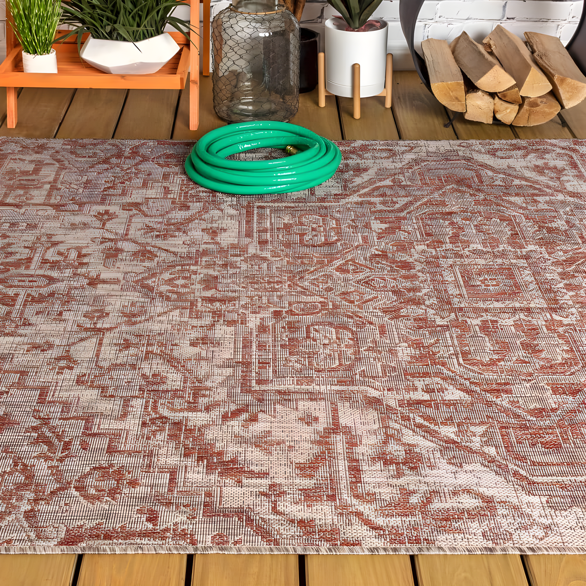 9' X 12' Estrella Bohemian Medallion Textured Weave Indoor/Outdoor Area Rug, Red/Taupe - JONATHAN Y