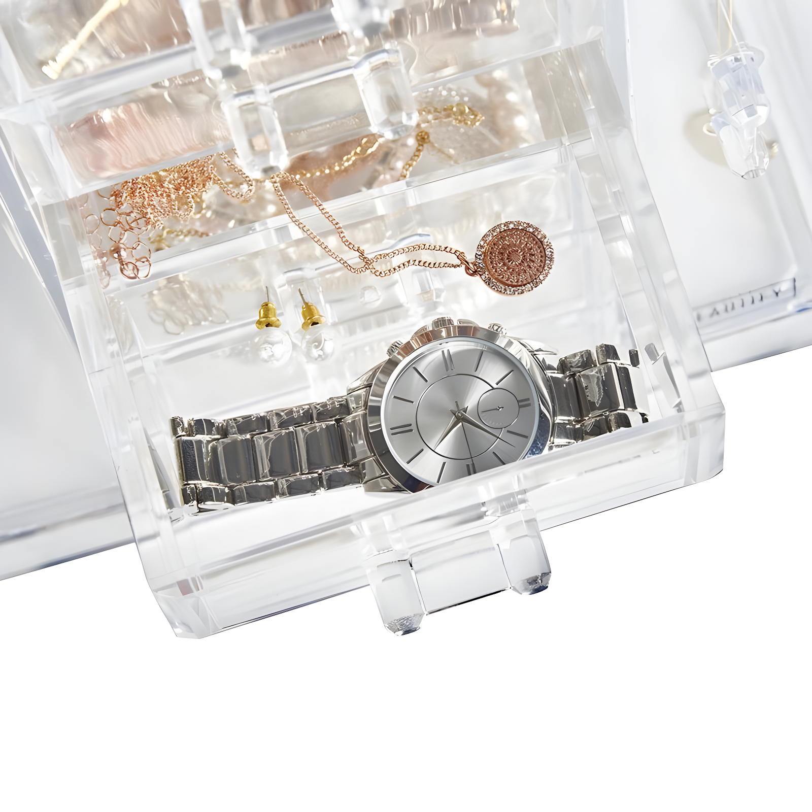 OnDisplay Clear Acrylic Jewelry Organizer Box with 6 Drawers and Side Hooks – Makeup, Necklace, and Accessory Storage for Dresser or Vanity