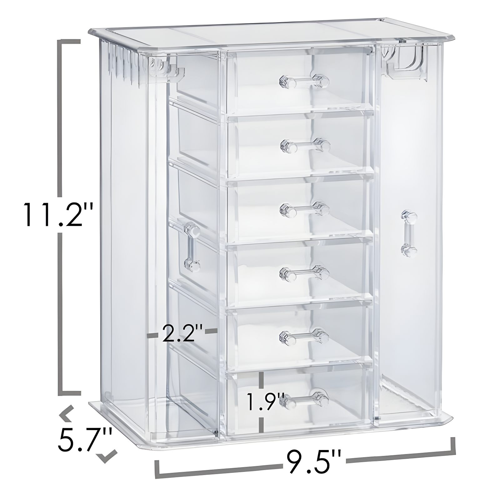 OnDisplay Clear Acrylic Jewelry Organizer Box with 6 Drawers and Side Hooks – Makeup, Necklace, and Accessory Storage for Dresser or Vanity