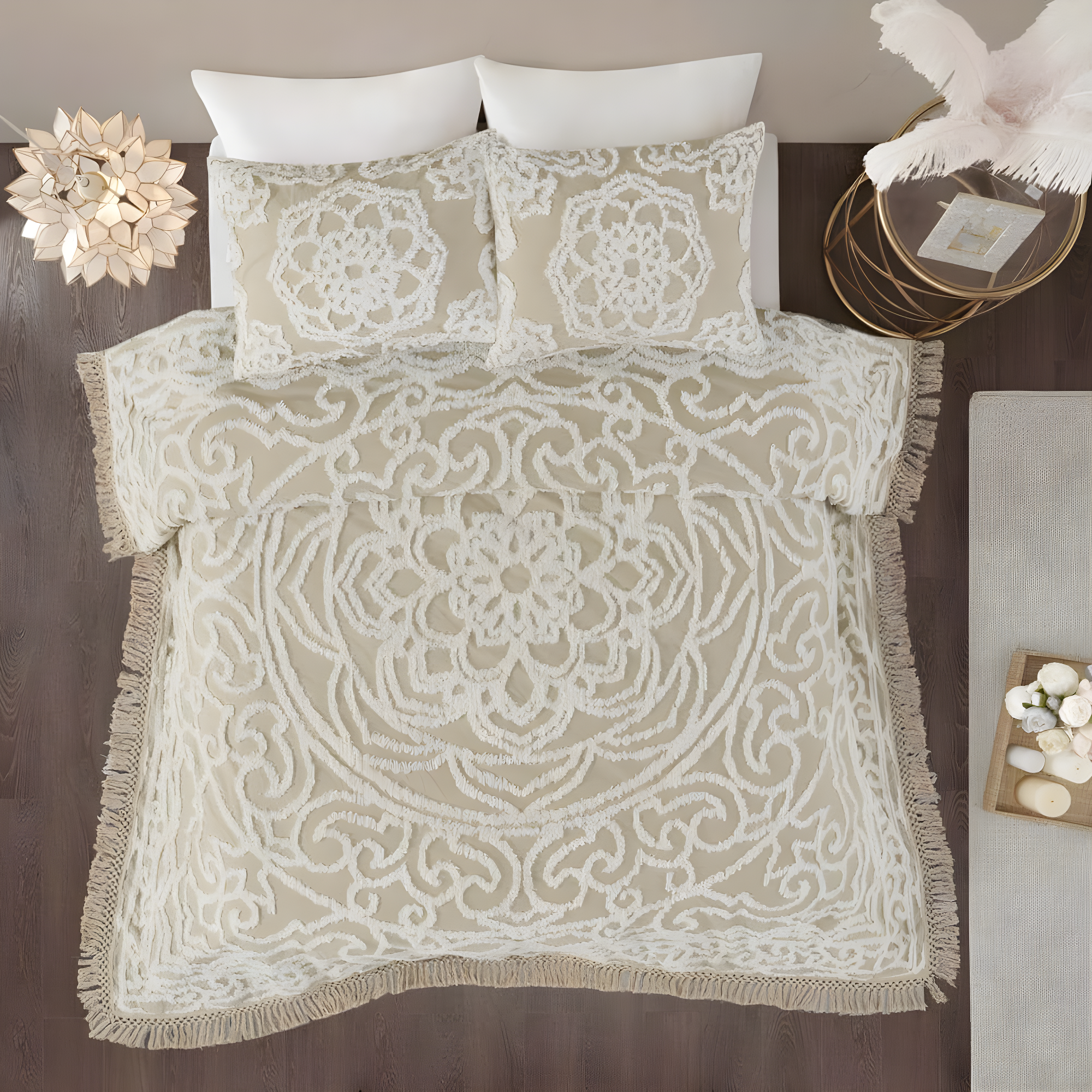 Madison Park Laetitia Tufted Chenille Cotton Medallion Fringe Coverlet Set