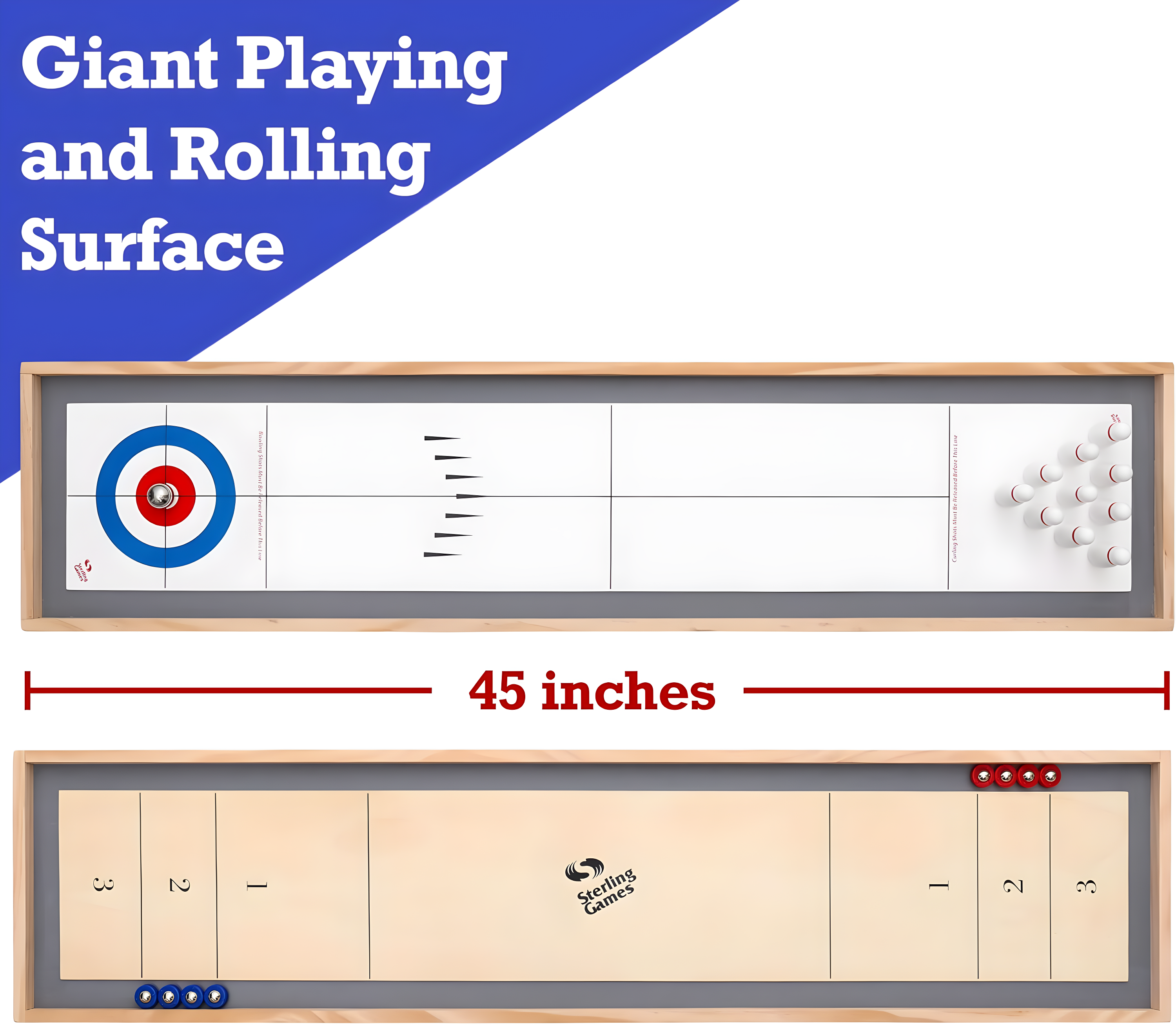 Sterling Games Tabletop Shuffleboard, Bowling and Curling 3 in 1 Combo Game Board Set for Kids and Family