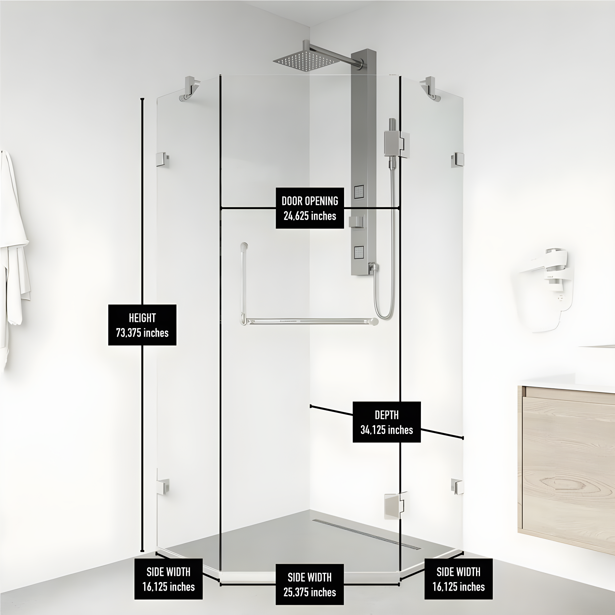 VIGO Piedmont 34" W x 34" D x 73" H Hinged Frameless Shower Enclosure with 3/8  Clear Glass VG6062CHCL36