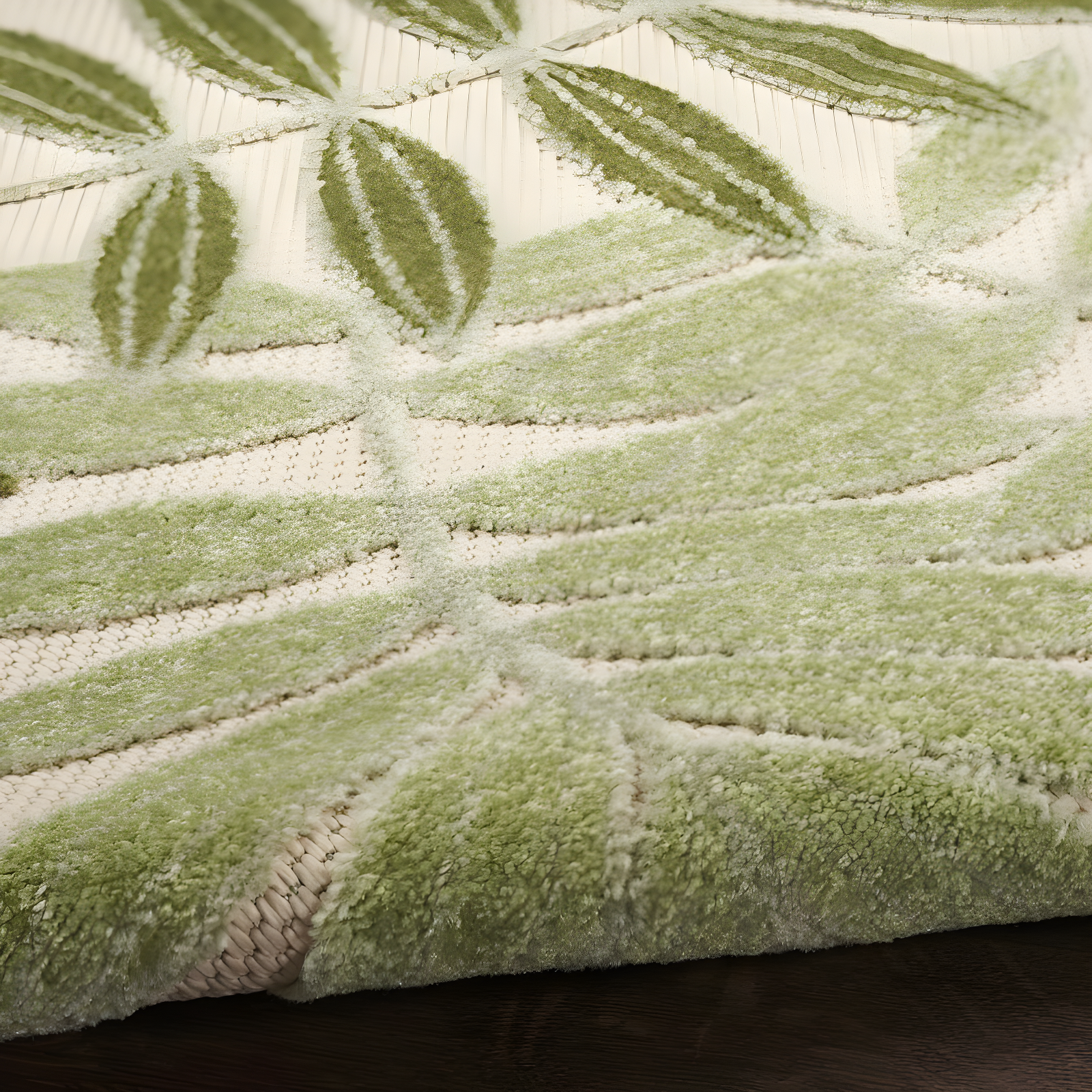 Nourison Aloha Floral Leaf Flatweave High-Low Indoor Outdoor Round Rug Ivory Green 5'3" x 5'3"