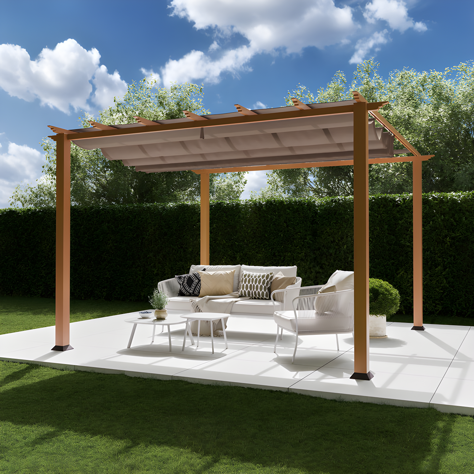 Florence 11 ft. W x 11 ft. D Wood Grain Aluminum Pergola in Canadian Cedar with Convertible Canopy