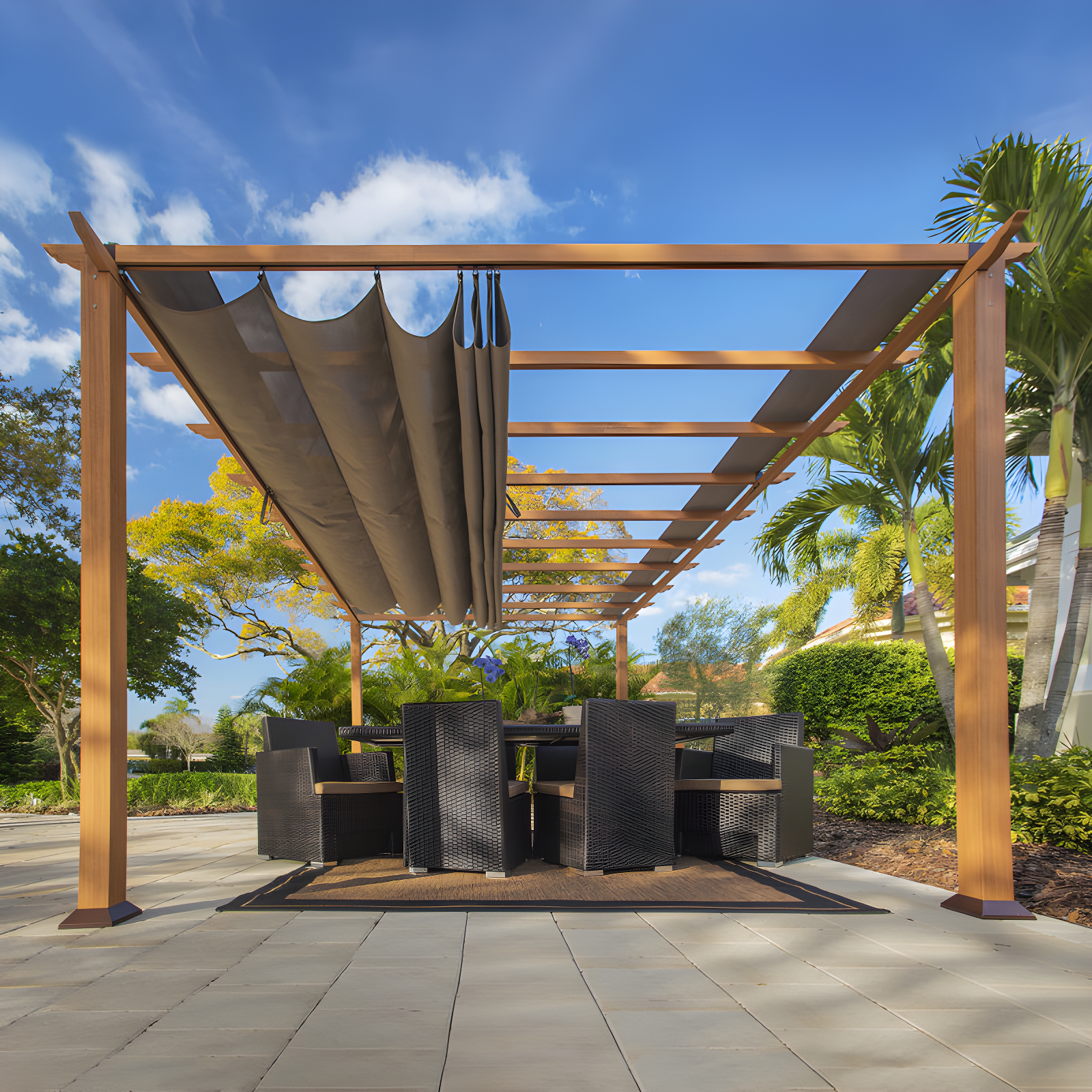 Florence 11 ft. W x 11 ft. D Wood Grain Aluminum Pergola in Canadian Cedar with Convertible Canopy