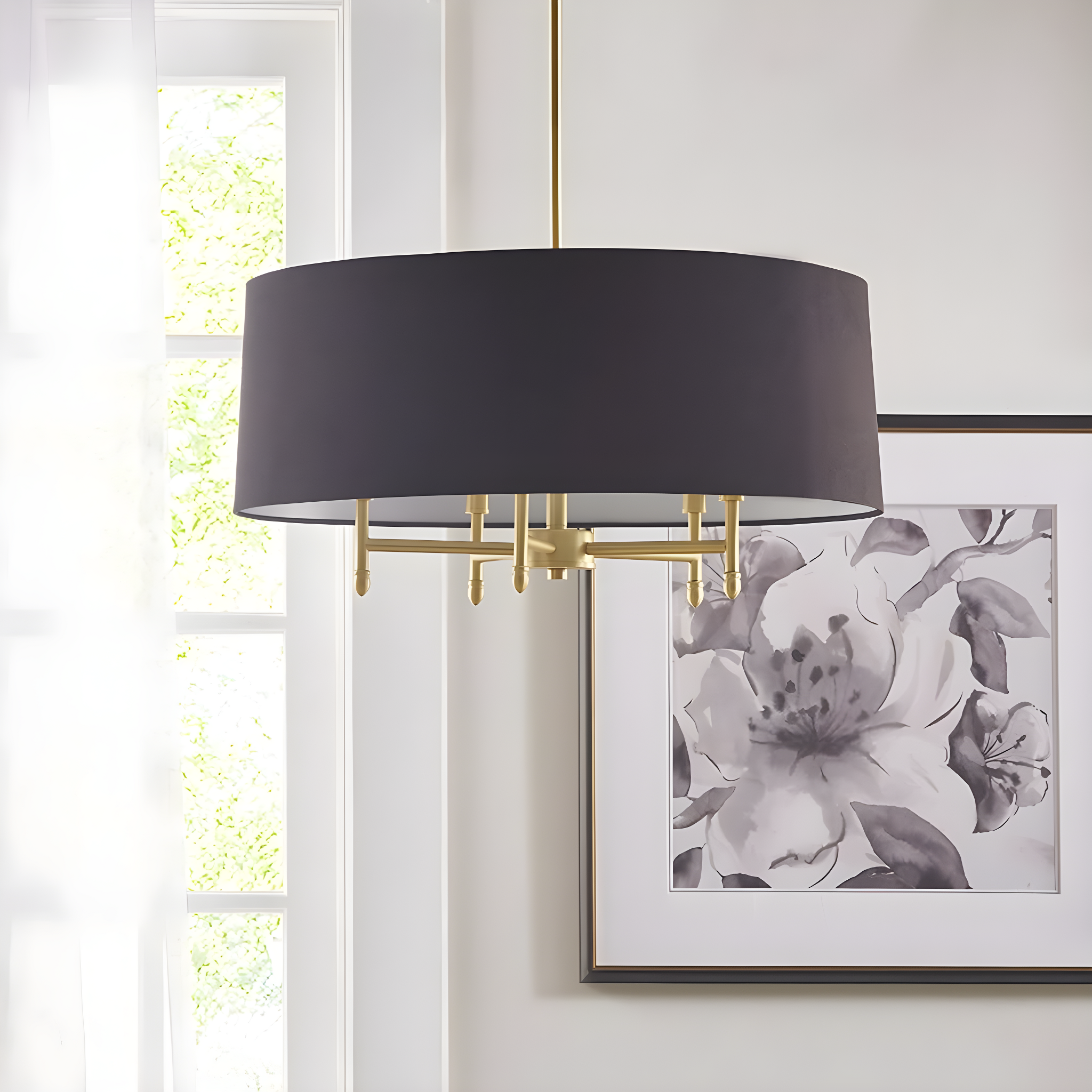 Hampton Hill Presidio 5-Light Dimmable Chandelier with Drum-shaped Fabric Shade & Adjustable Height