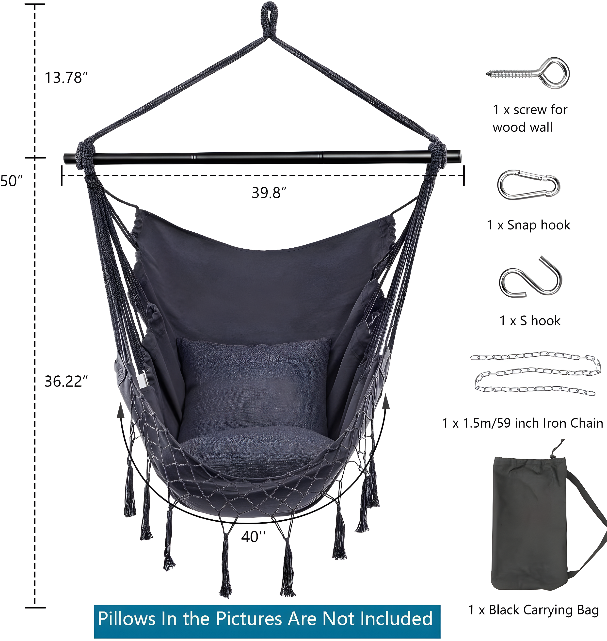 Jelofly Hammock Chair Large Hanging Rope Swing Seat Chair with Pocket Max 350 Lbs Superior Comfortable for Indoor Outdoor Home Bedroom Garden, Seat Cushions Not Included (Dark Grey)