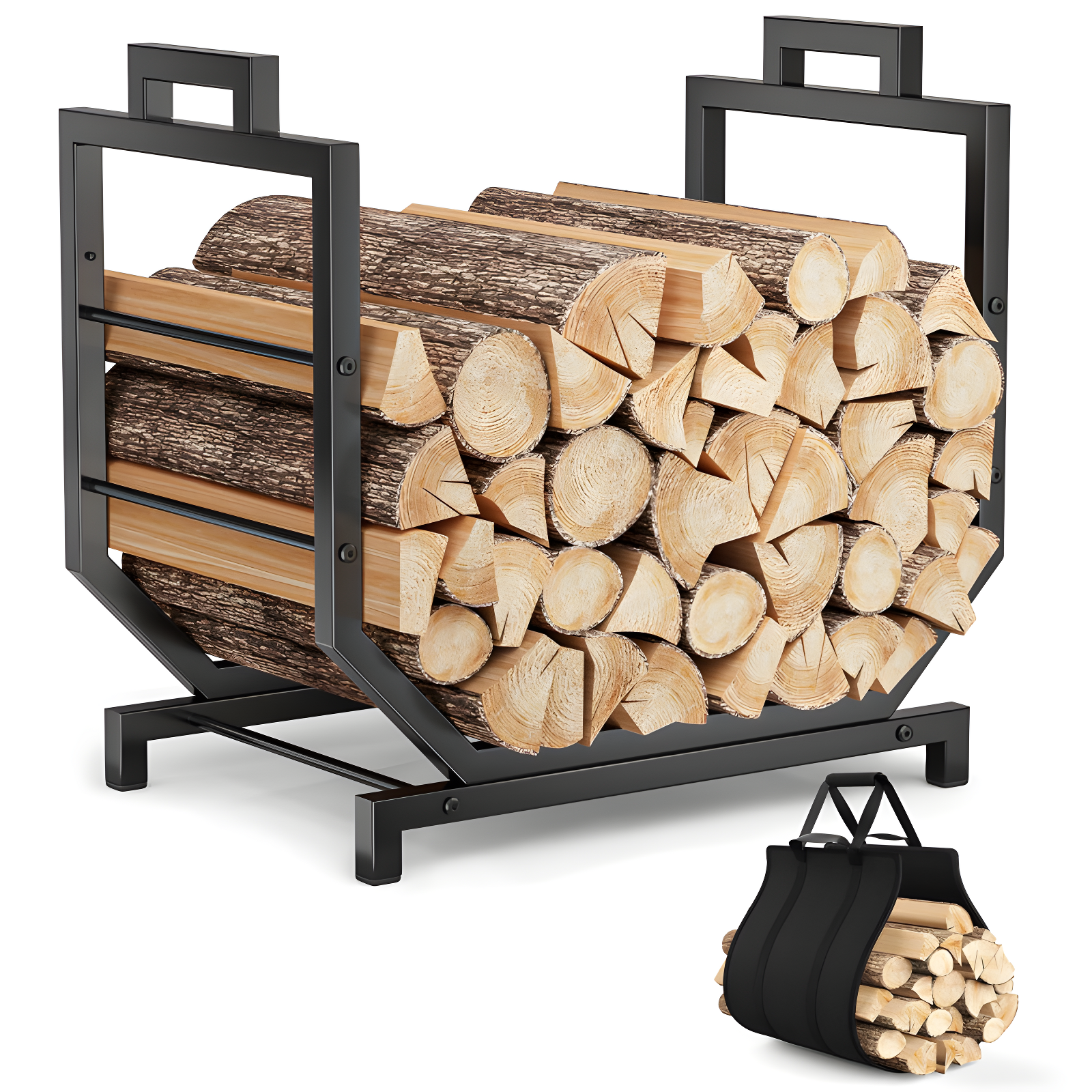 Heavy Duty Black Metal Firewood Holder With Removable Carrier For Indoor/Outdoor Wood Storage