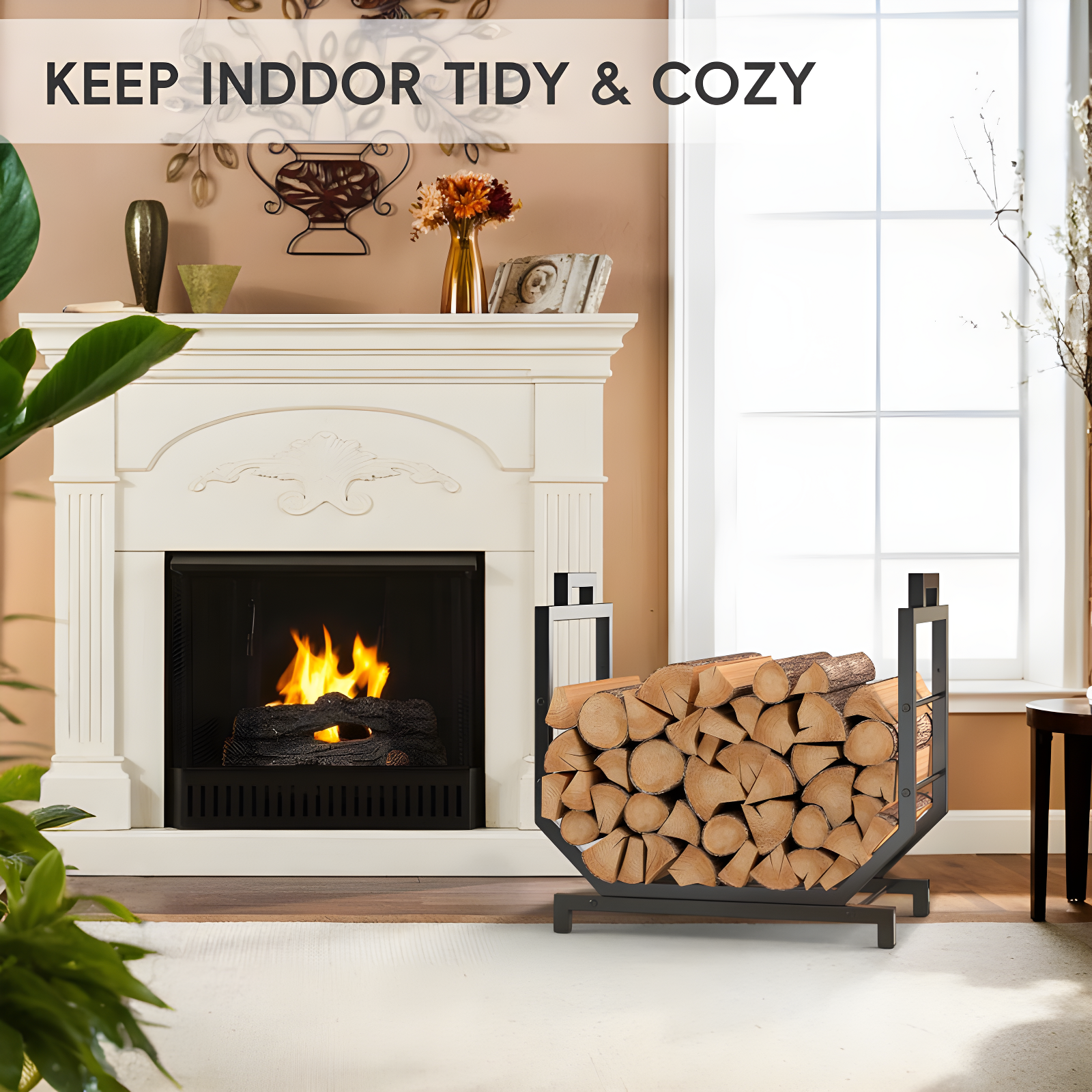 Heavy Duty Black Metal Firewood Holder With Removable Carrier For Indoor/Outdoor Wood Storage