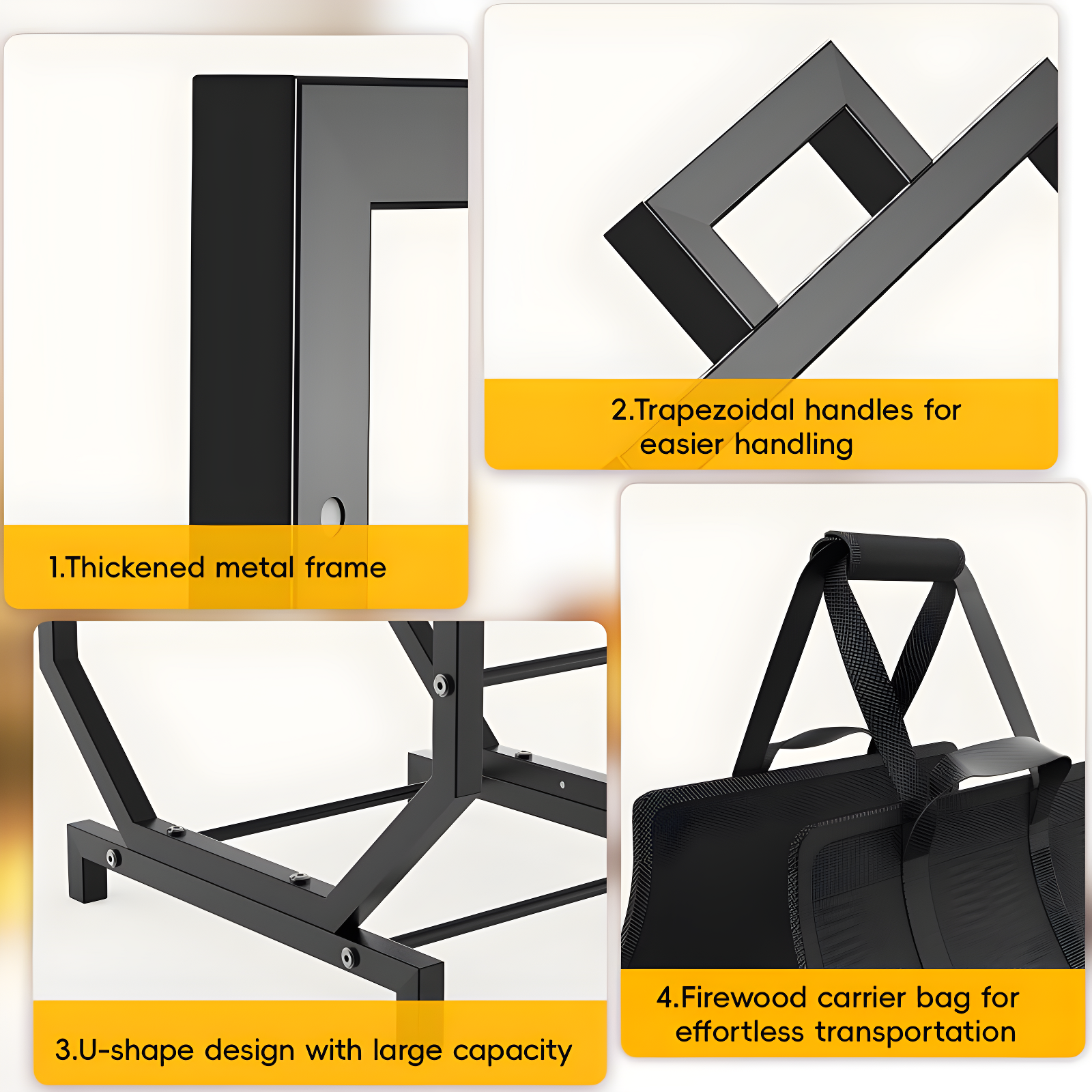 Heavy Duty Black Metal Firewood Holder With Removable Carrier For Indoor/Outdoor Wood Storage