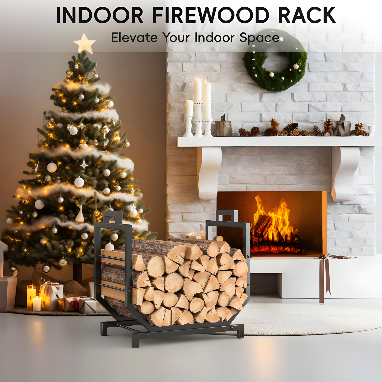 Heavy Duty Black Metal Firewood Holder With Removable Carrier For Indoor/Outdoor Wood Storage