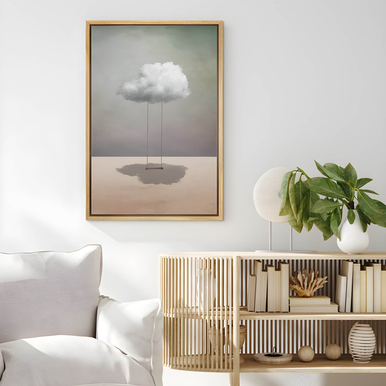 IDEA4WALL Whimsical Desert Swing On Cloud In Desert - Whimsical Surreal Pictures Neutral Framed Canvas Painting Print Wall Art