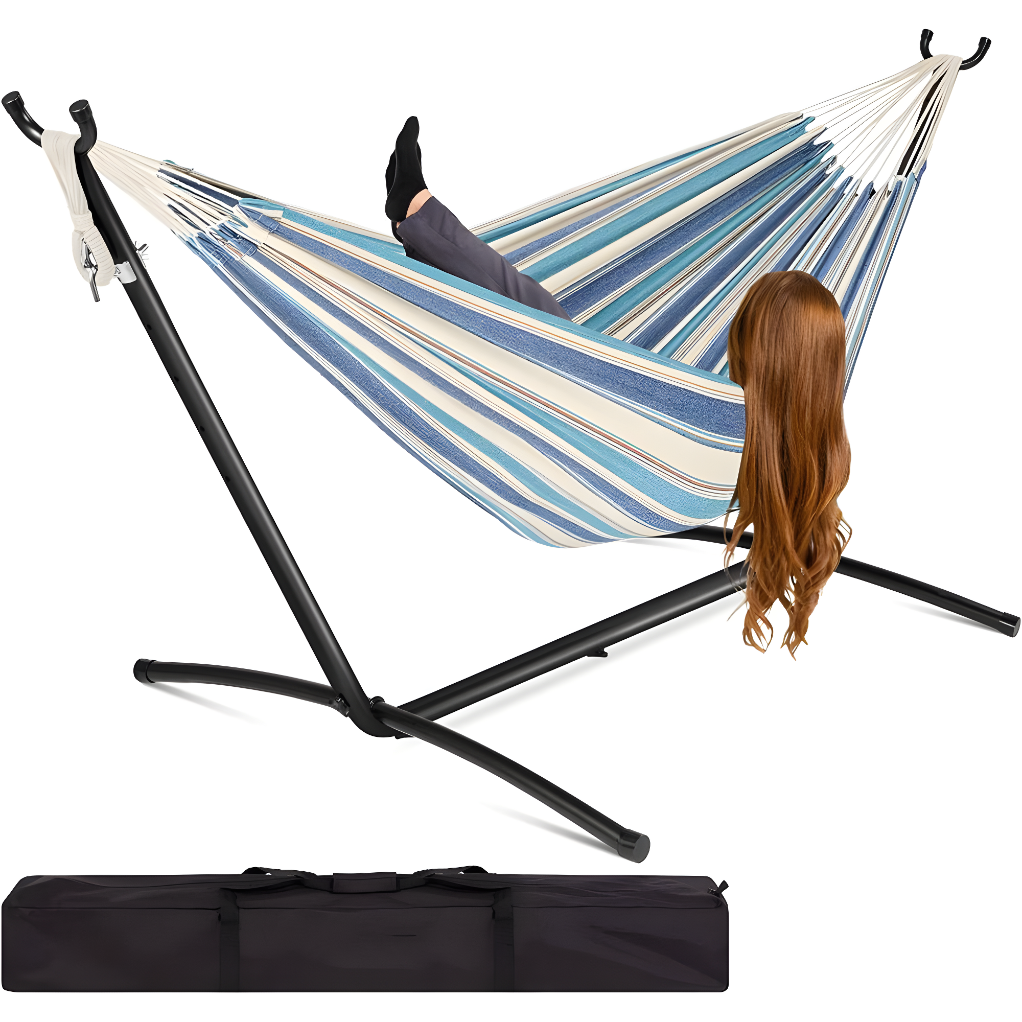 Knutsford 2-Person Brazilian-Style Cotton Double Hammock with Stand Set w/ Carrying Bag