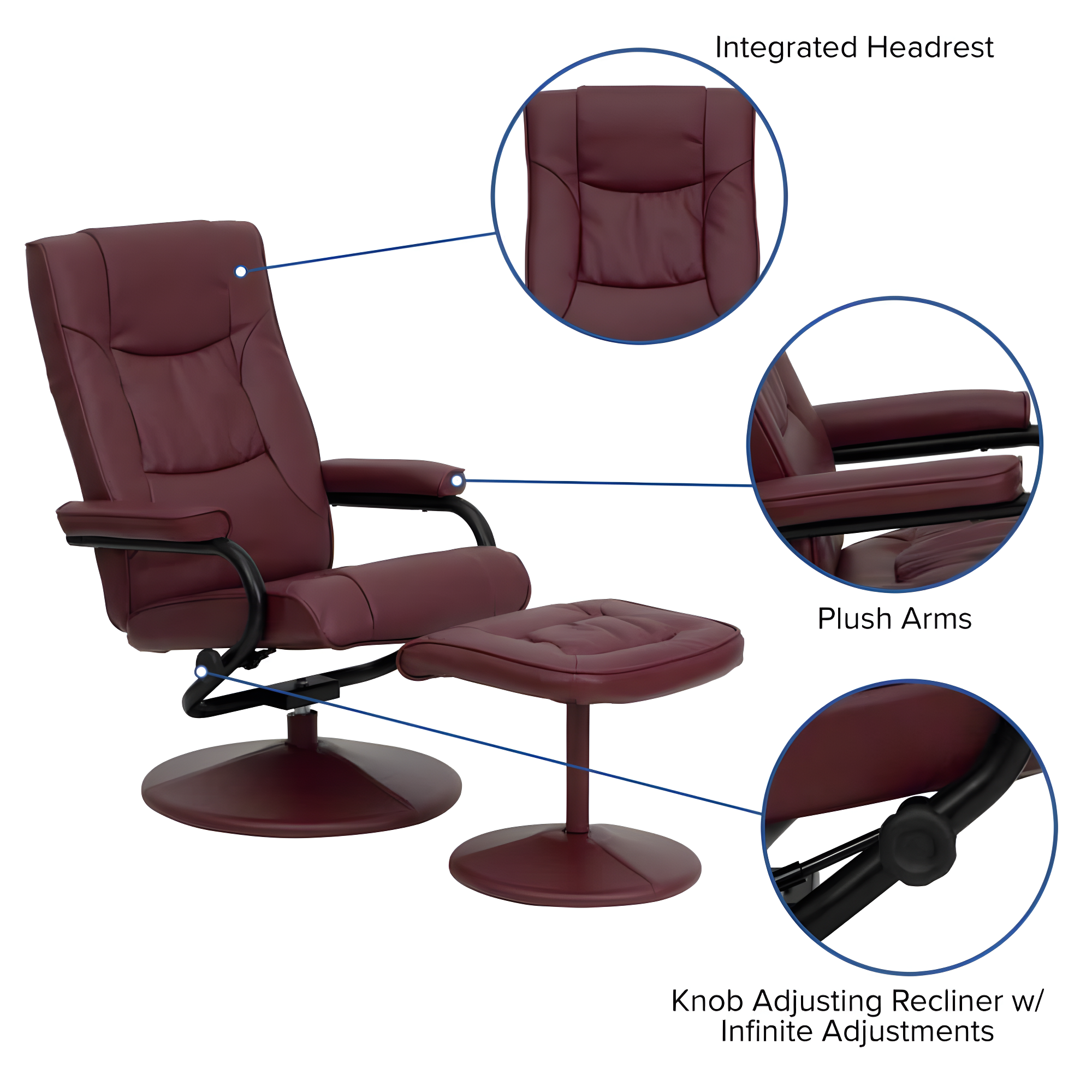 Flash Furniture Contemporary Multi-Position Recliner and Ottoman with Wrapped Base in Burgundy LeatherSoft