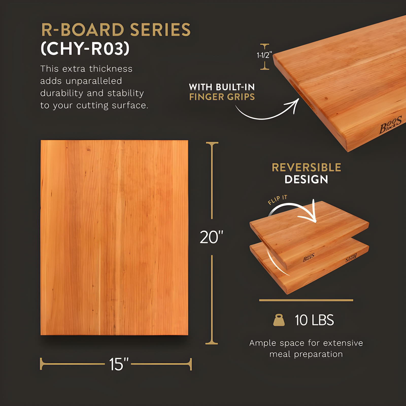 John Boos Boos Block R-Board Series Large Reversible Wood Cutting Board, 1.5-Inch Thickness, 20" x 15" x 1 1/2", Cherry
