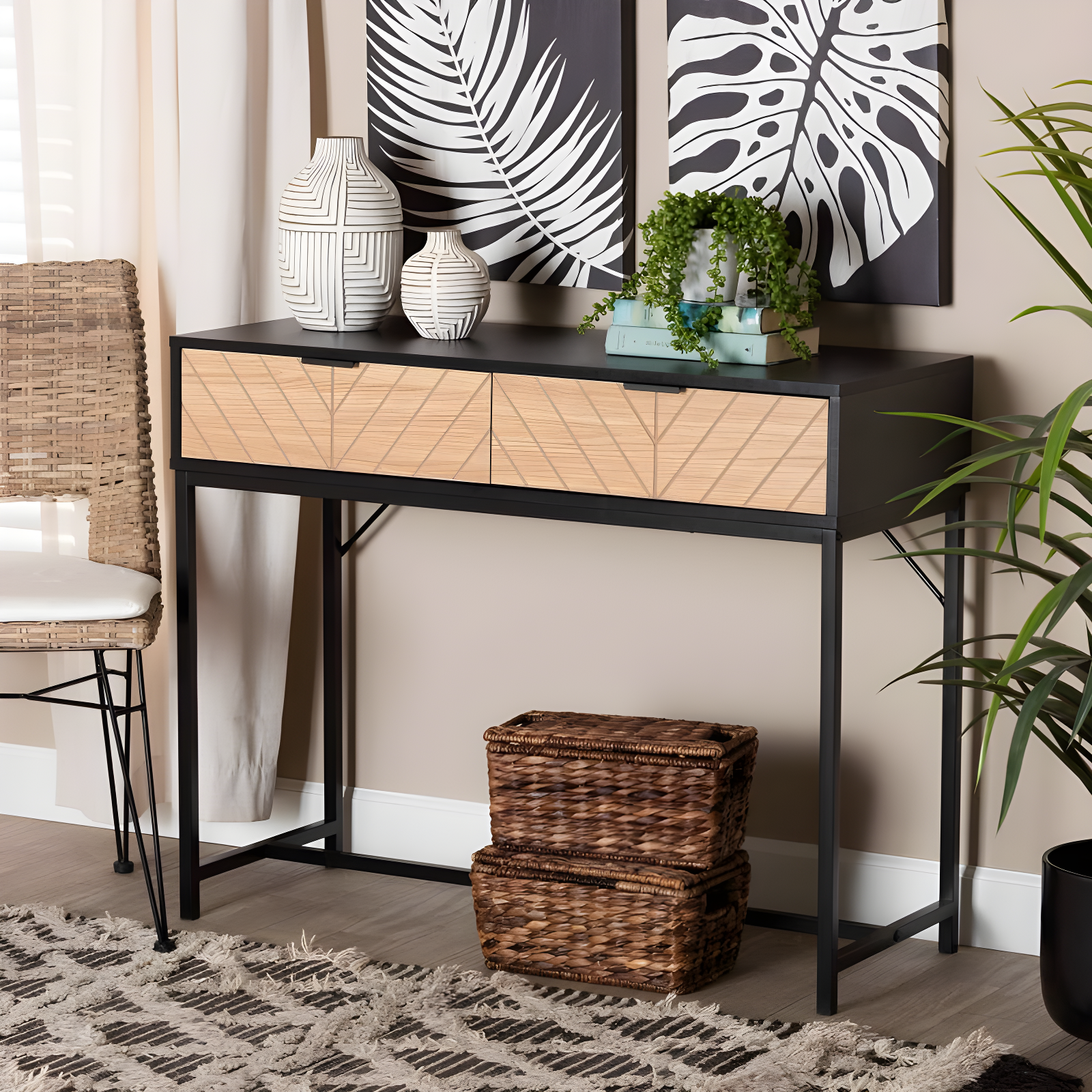 Jacinth Two-Tone Wood and Metal 2 Drawer Console Table Black/Natural Brown - Baxton Studio: Industrial Style, Secure Storage, Assembly Required