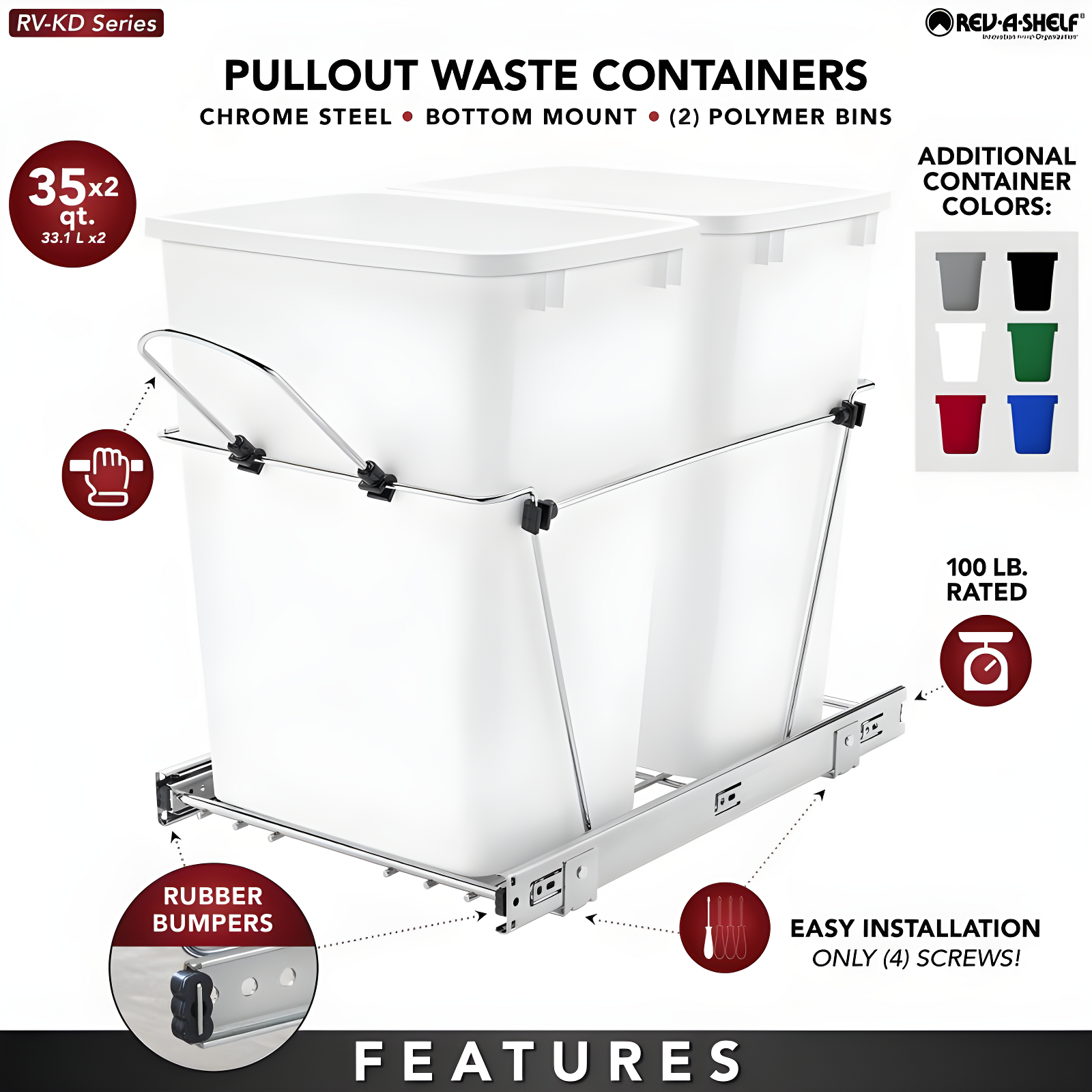 Rev-A-Shelf Rev-A-Shelf Double Pull Out Trash Can 35 Qt for Kitchen