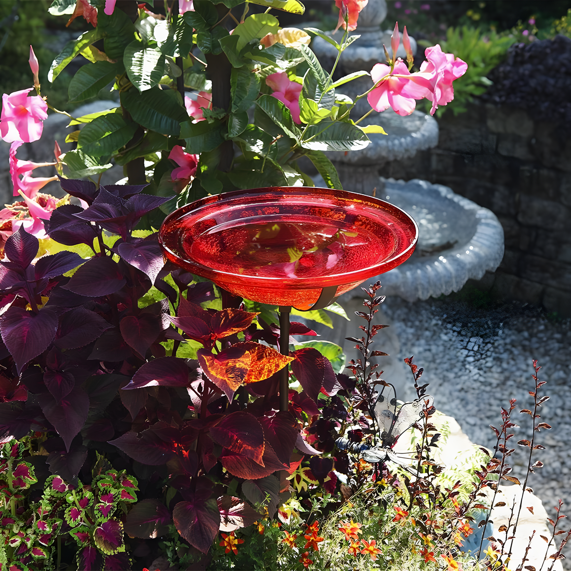 3" Iron and Crackle Glass Birdbath Bowl with Stake Red - ACHLA Designs: Weather-Resistant, Freestanding