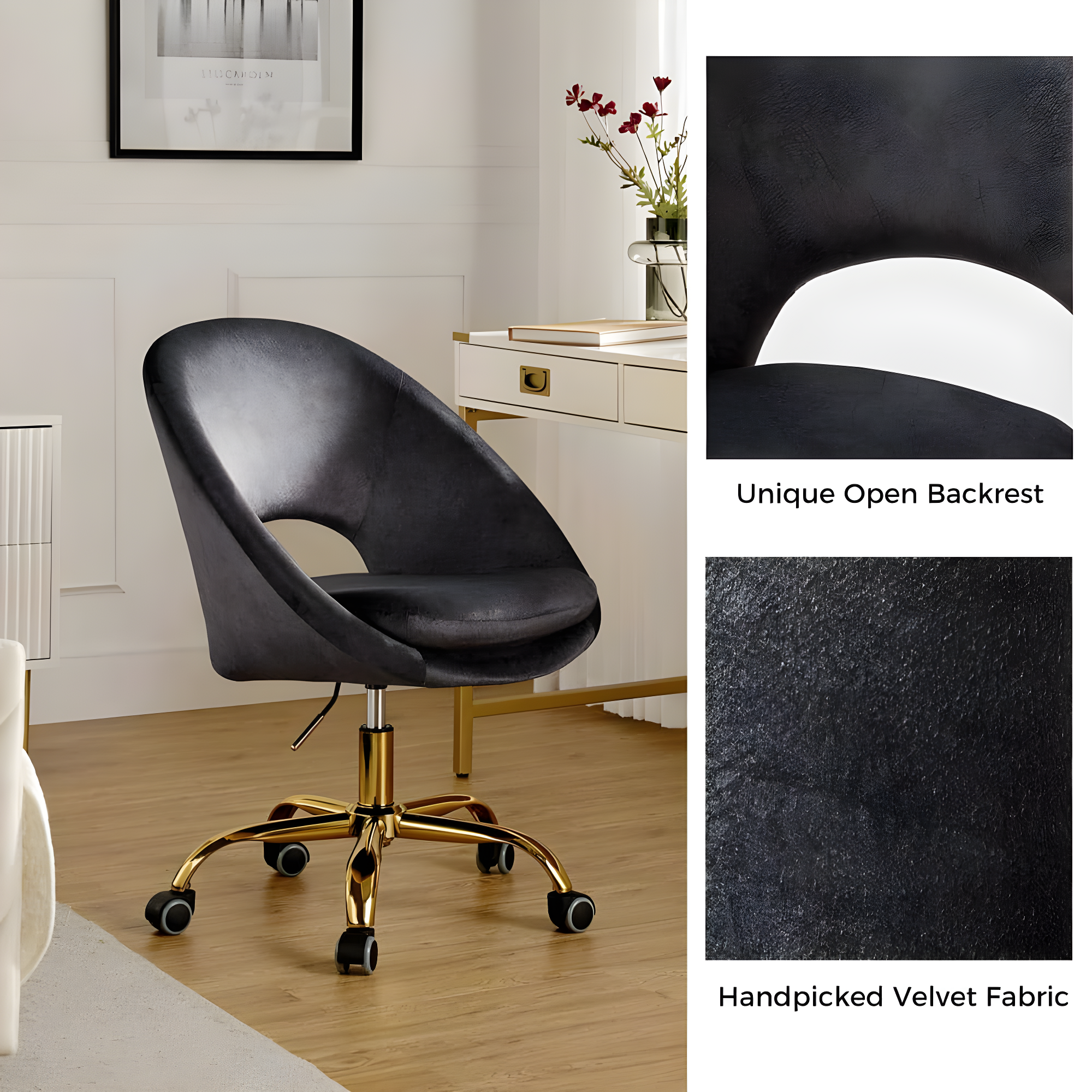 Velvet Swivel Rolling Home Office Chair Height Adjustable Computer Task Chair Metal Base Bedroom Charcoal