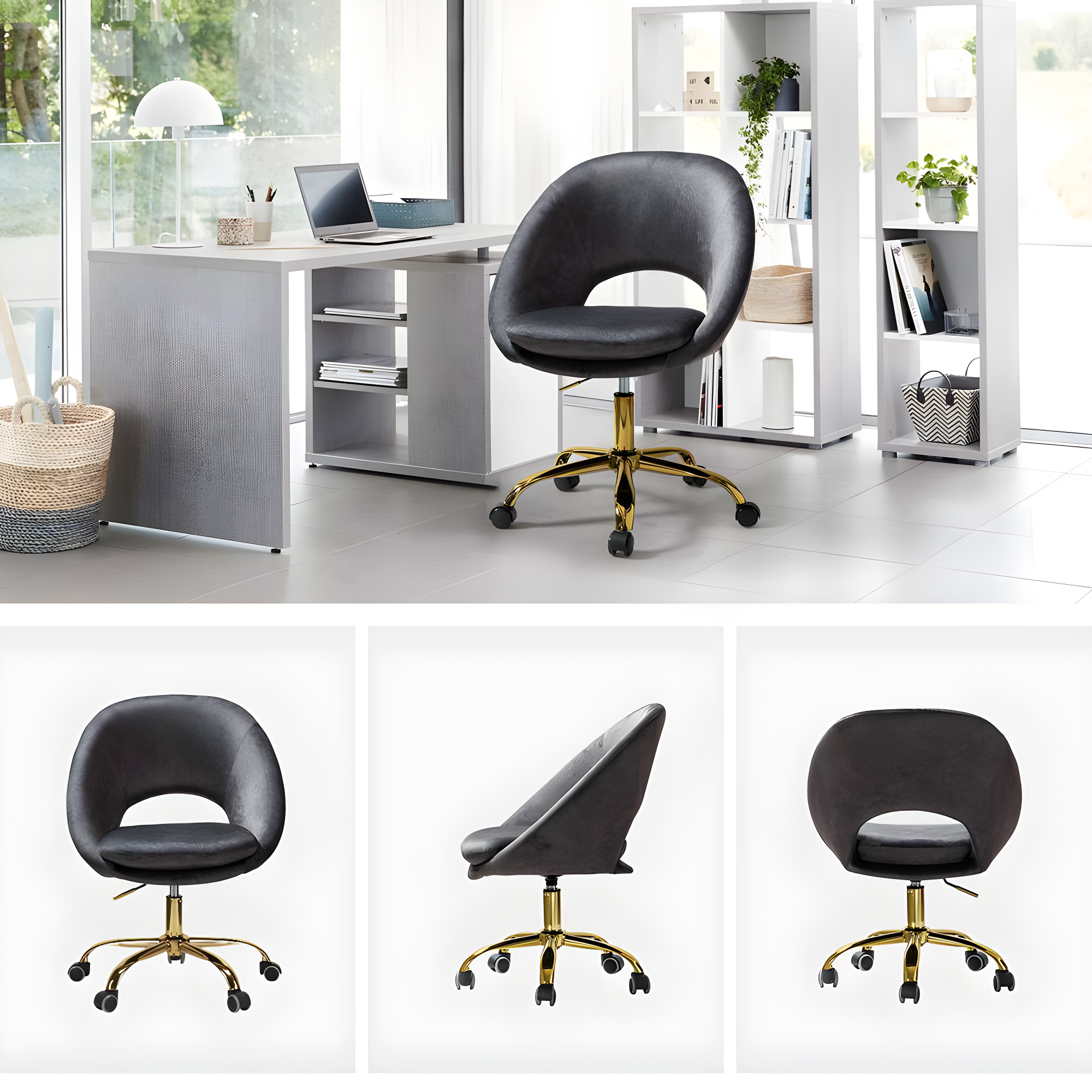 Velvet Swivel Rolling Home Office Chair Height Adjustable Computer Task Chair Metal Base Bedroom Charcoal