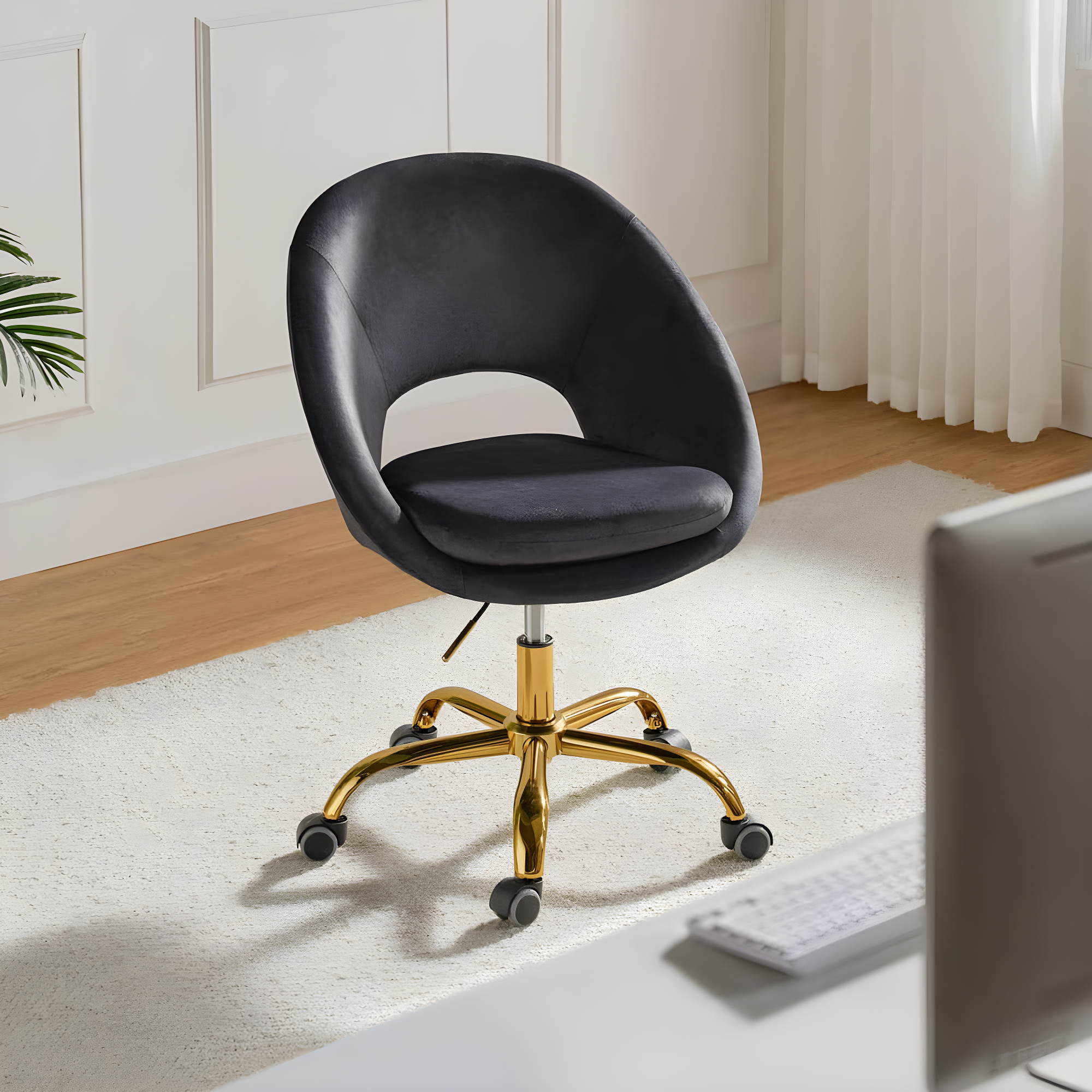 Velvet Swivel Rolling Home Office Chair Height Adjustable Computer Task Chair Metal Base Bedroom Charcoal