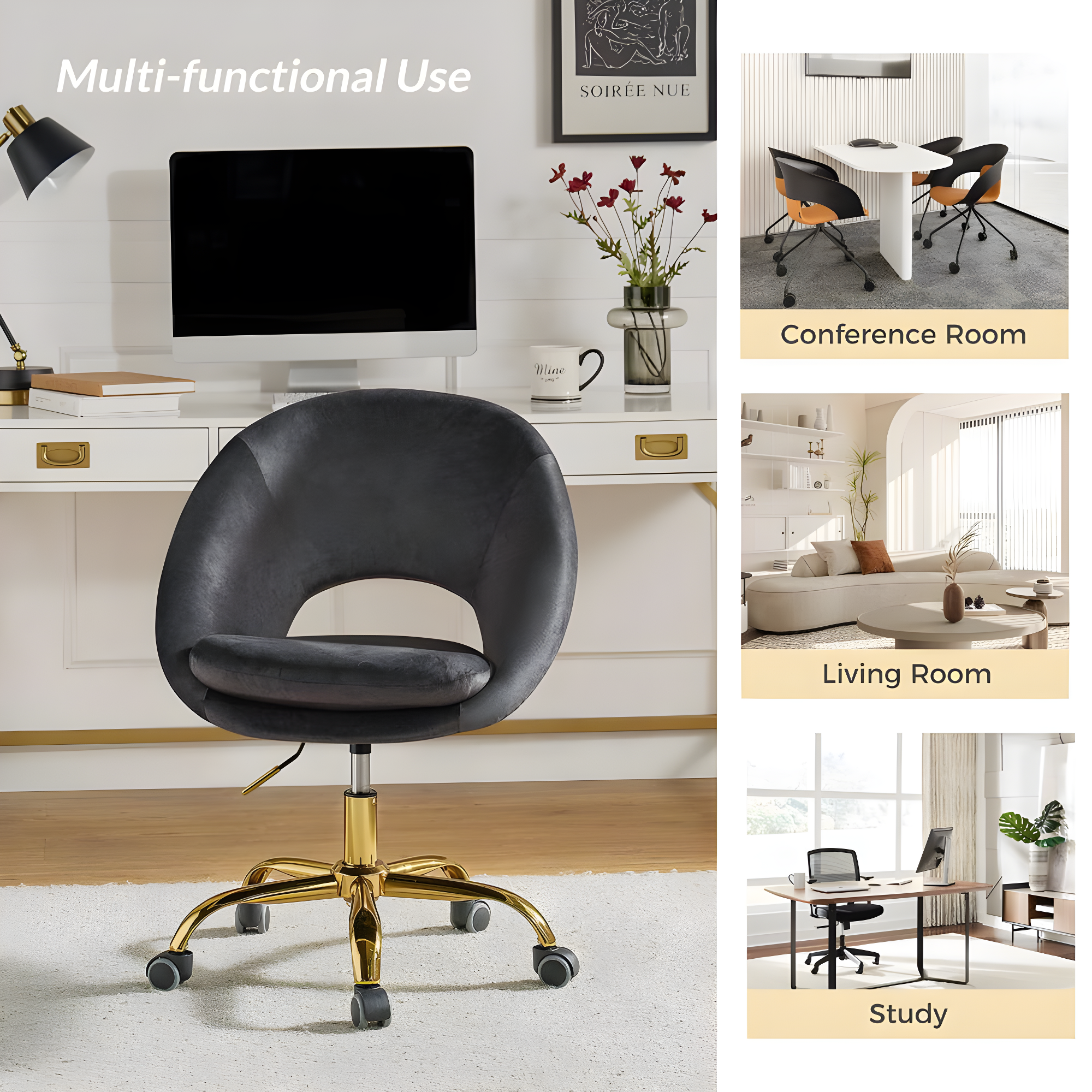Velvet Swivel Rolling Home Office Chair Height Adjustable Computer Task Chair Metal Base Bedroom Charcoal