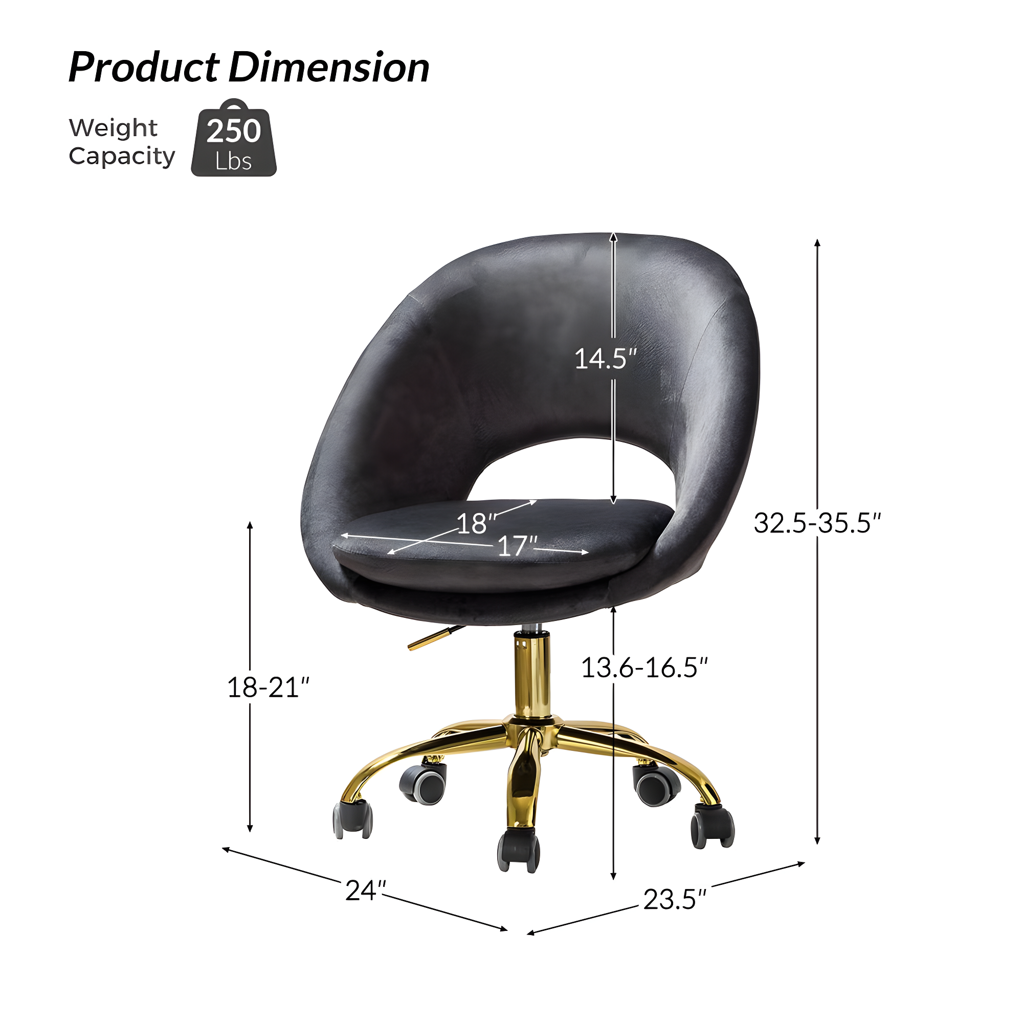 Velvet Swivel Rolling Home Office Chair Height Adjustable Computer Task Chair Metal Base Bedroom Charcoal