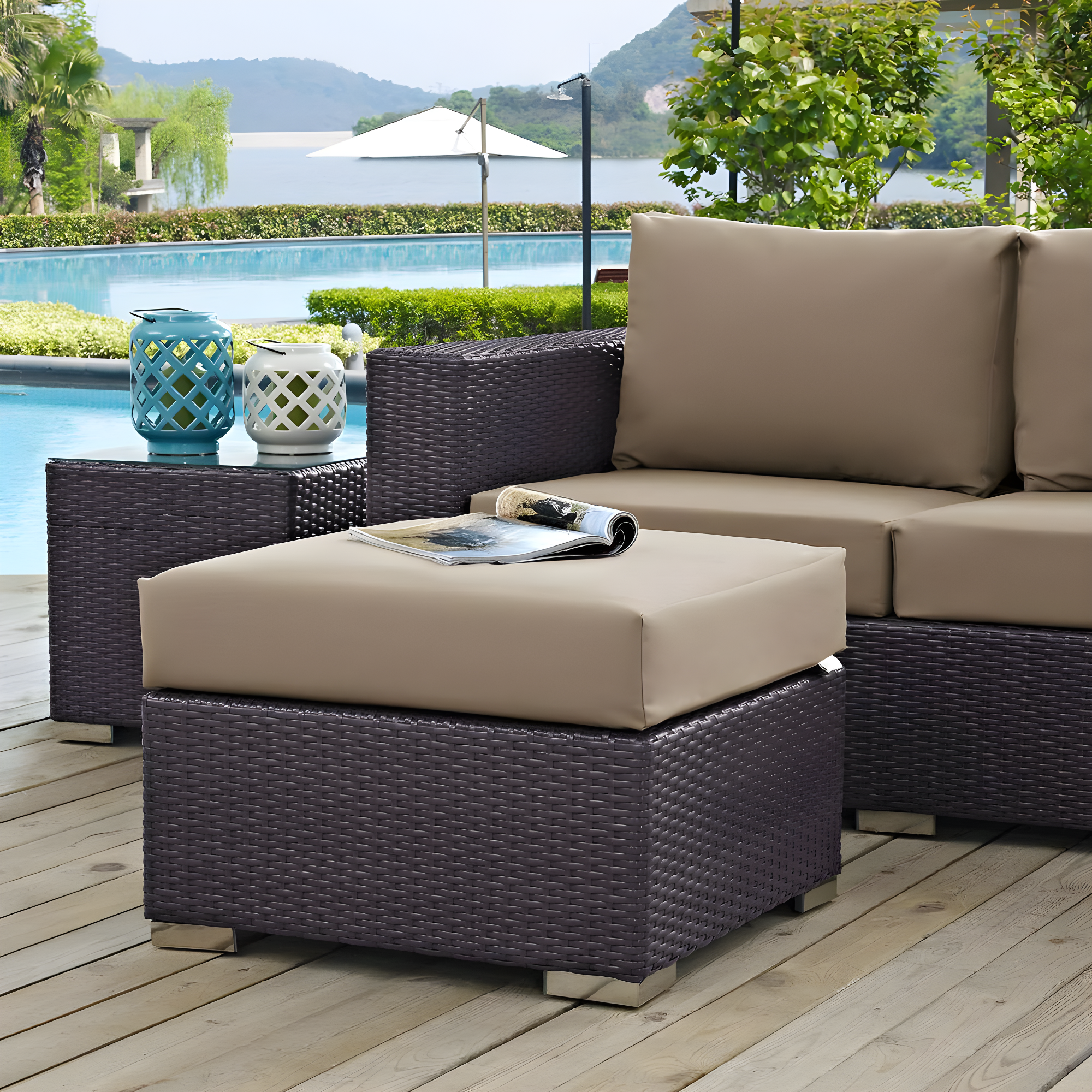 Modway Convene Outdoor Patio Fabric Square Ottoman in Espresso Mocha