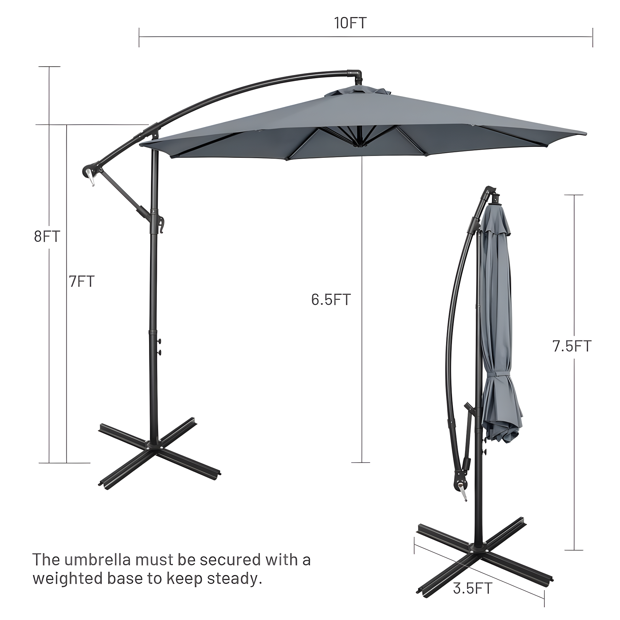 Costway  10 FT Patio Offset Umbrella w/8 Ribs Cross Base Tilt Grey