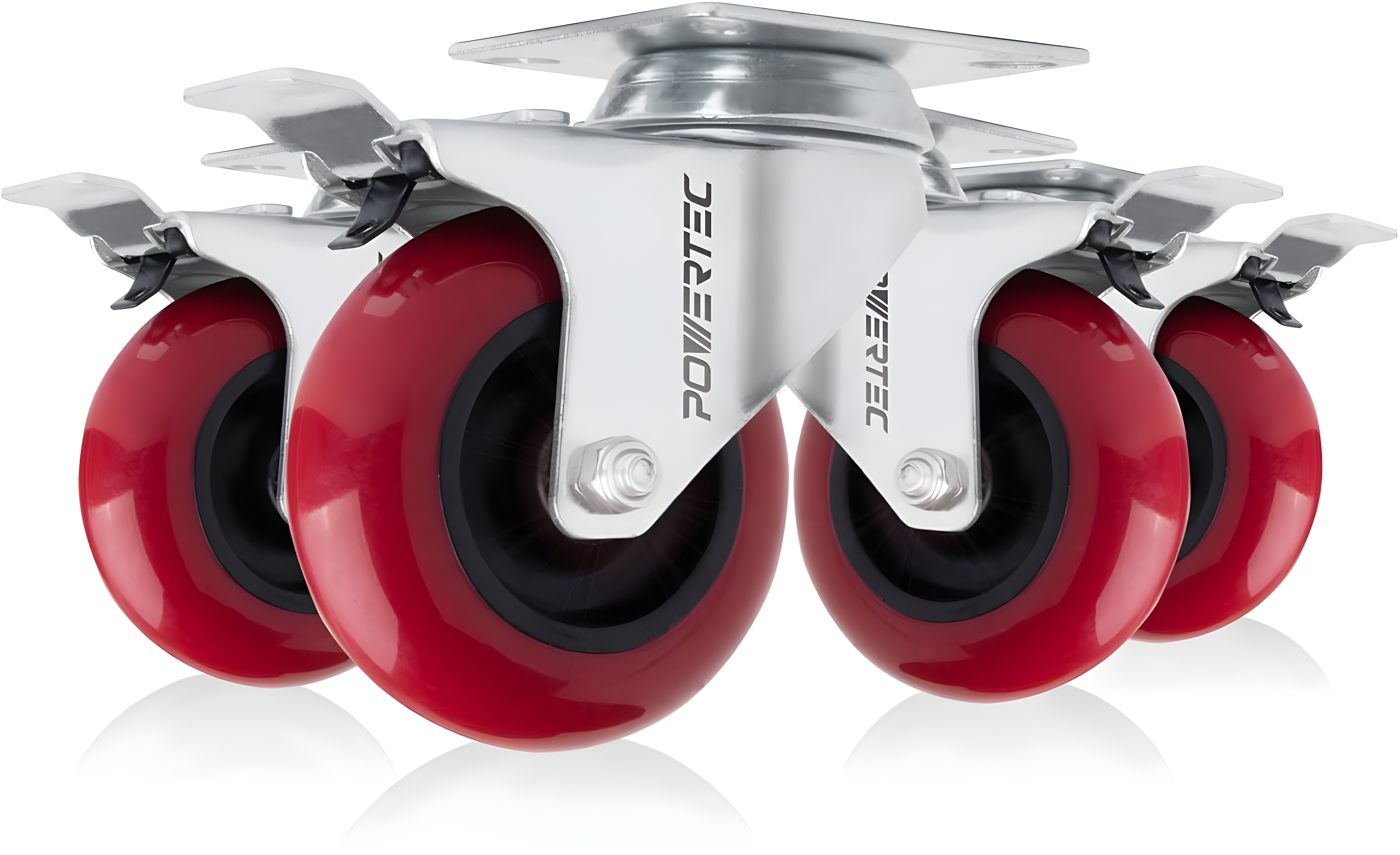 POWERTEC 4PK 3-Inch Swivel Caster Wheels with Brake & 640 lbs Loads, Heavy Duty Plate Casters, Dual Locking PU Castor Wheels for Furniture, Cart, Dolly and Workbench, 17205