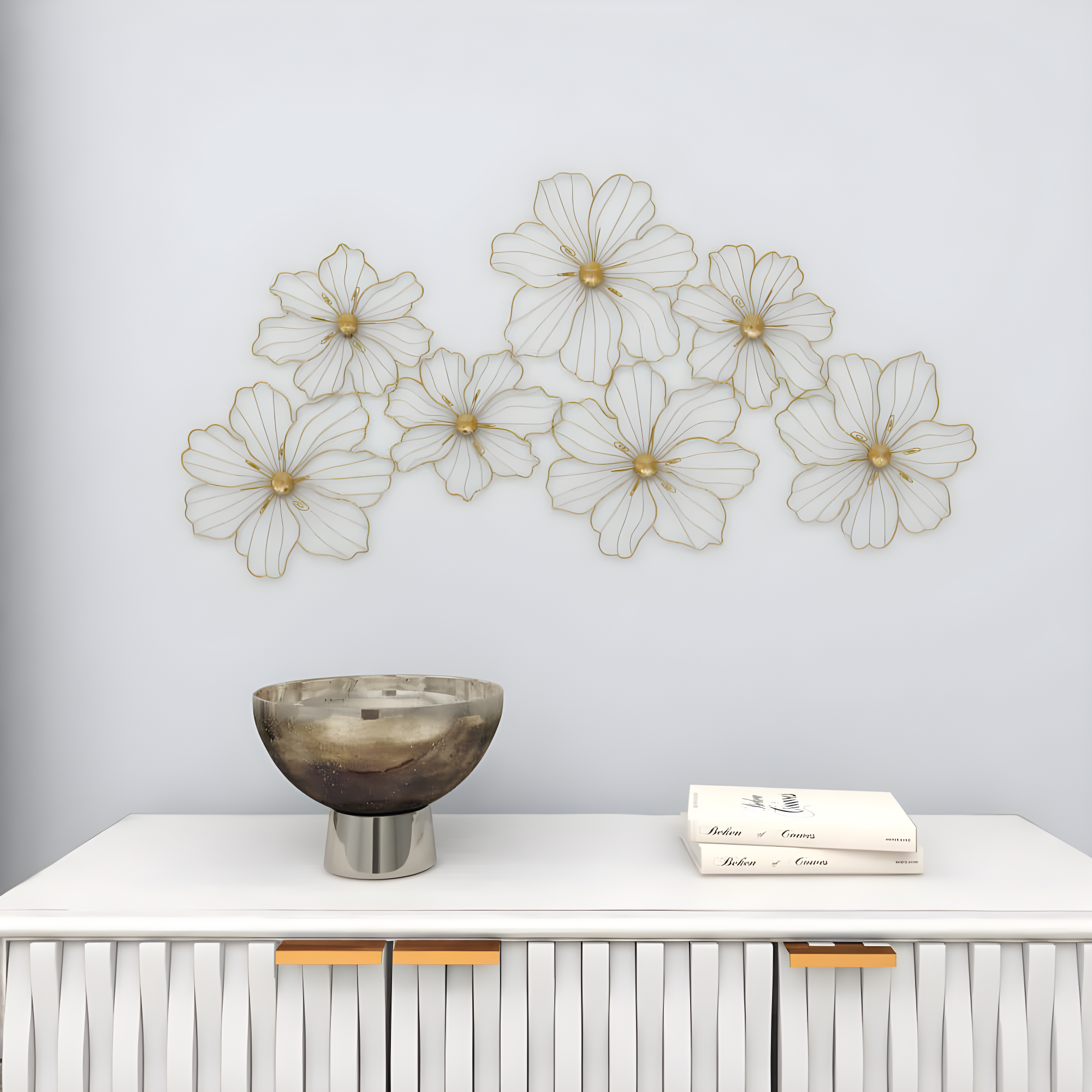 Metal Wire Foiled Floral Home Wall Decor with Scroll Accents