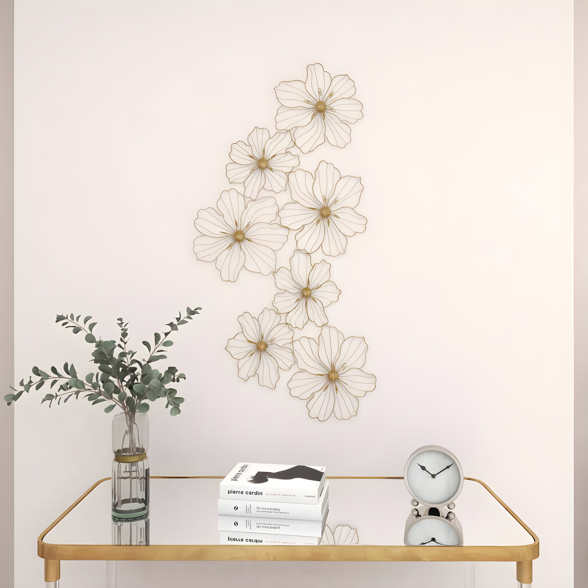 Metal Wire Foiled Floral Home Wall Decor with Scroll Accents