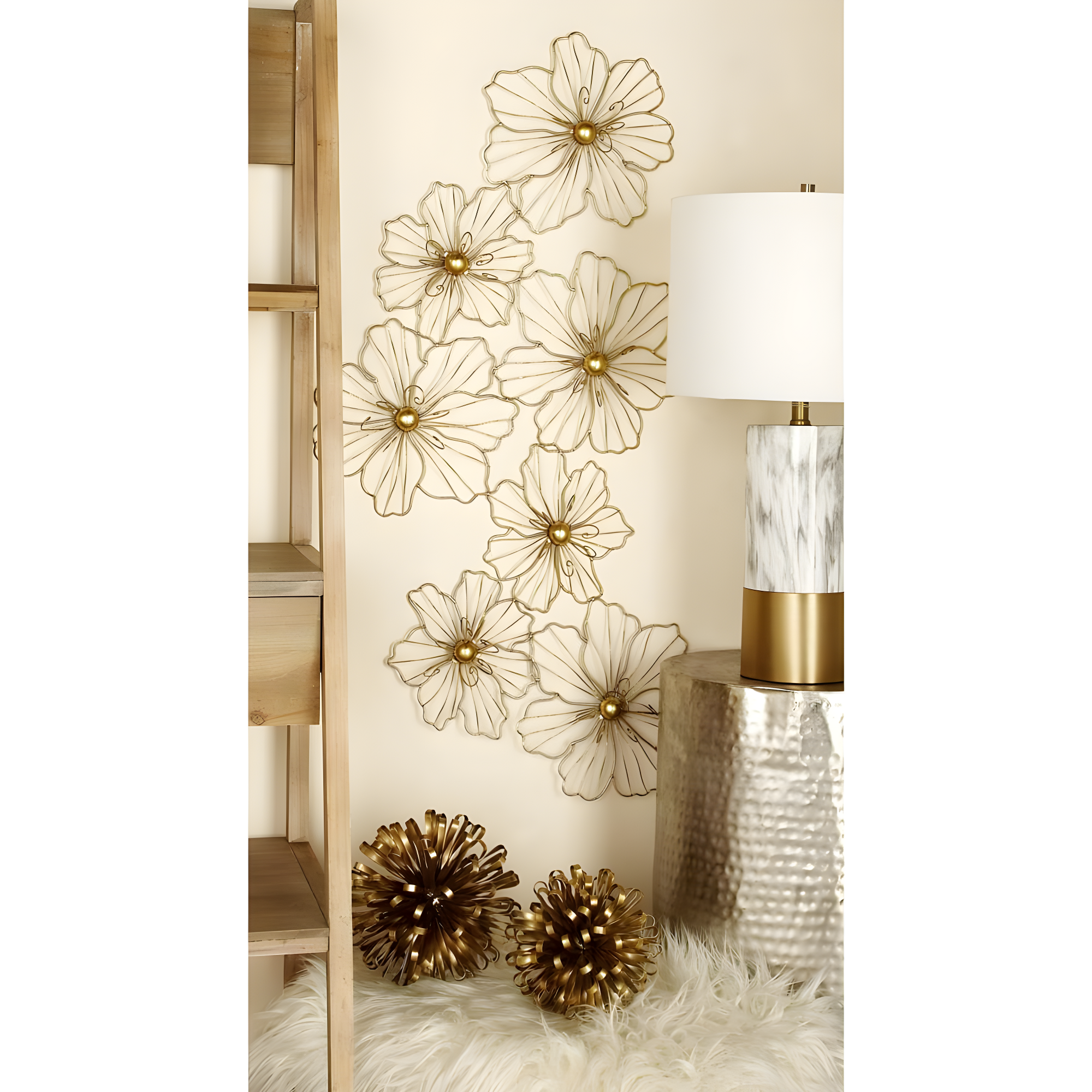 Metal Wire Foiled Floral Home Wall Decor with Scroll Accents