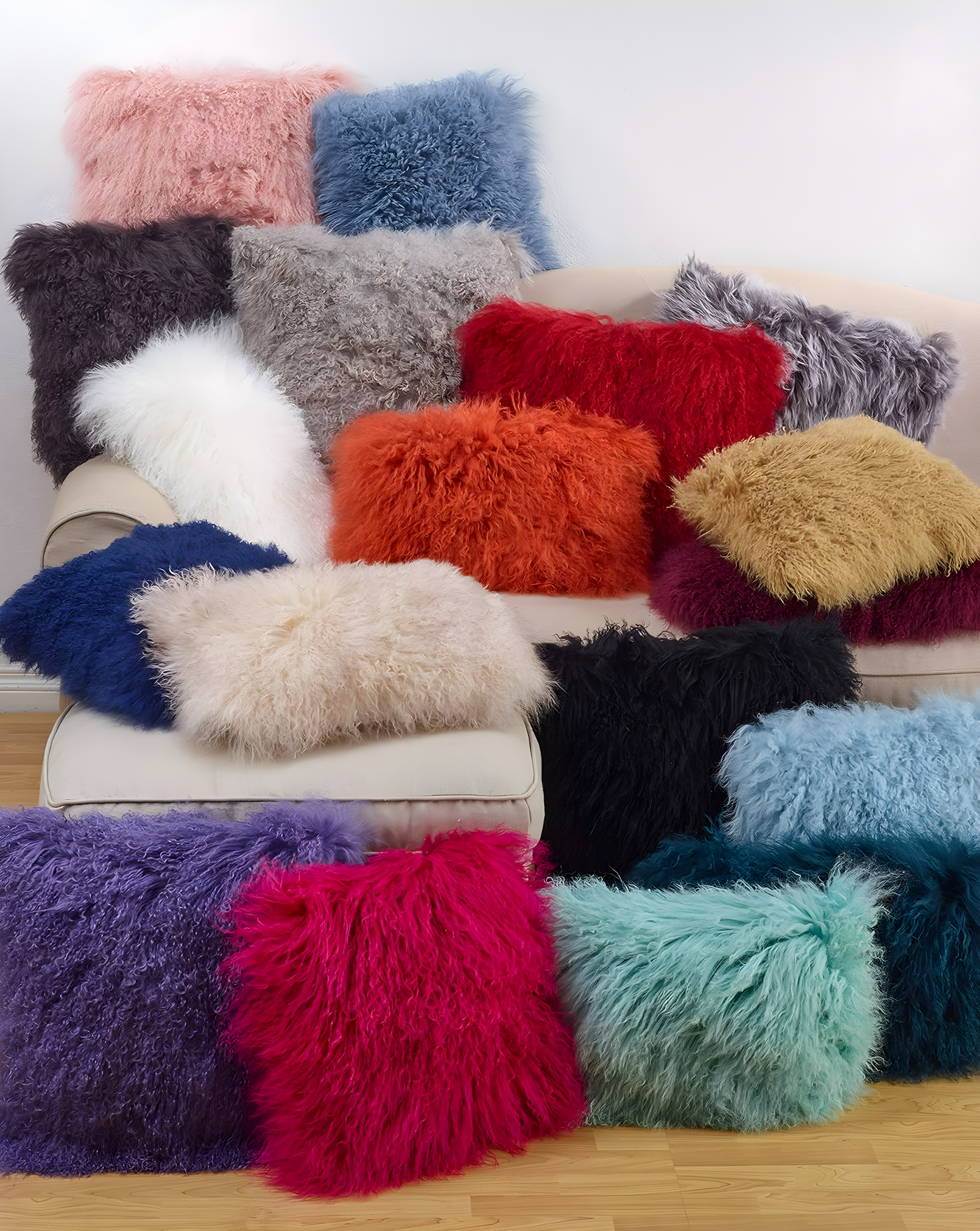 SARO  20 in. Square Wool Mongolian Lamb Fur Throw Pillow  Grey