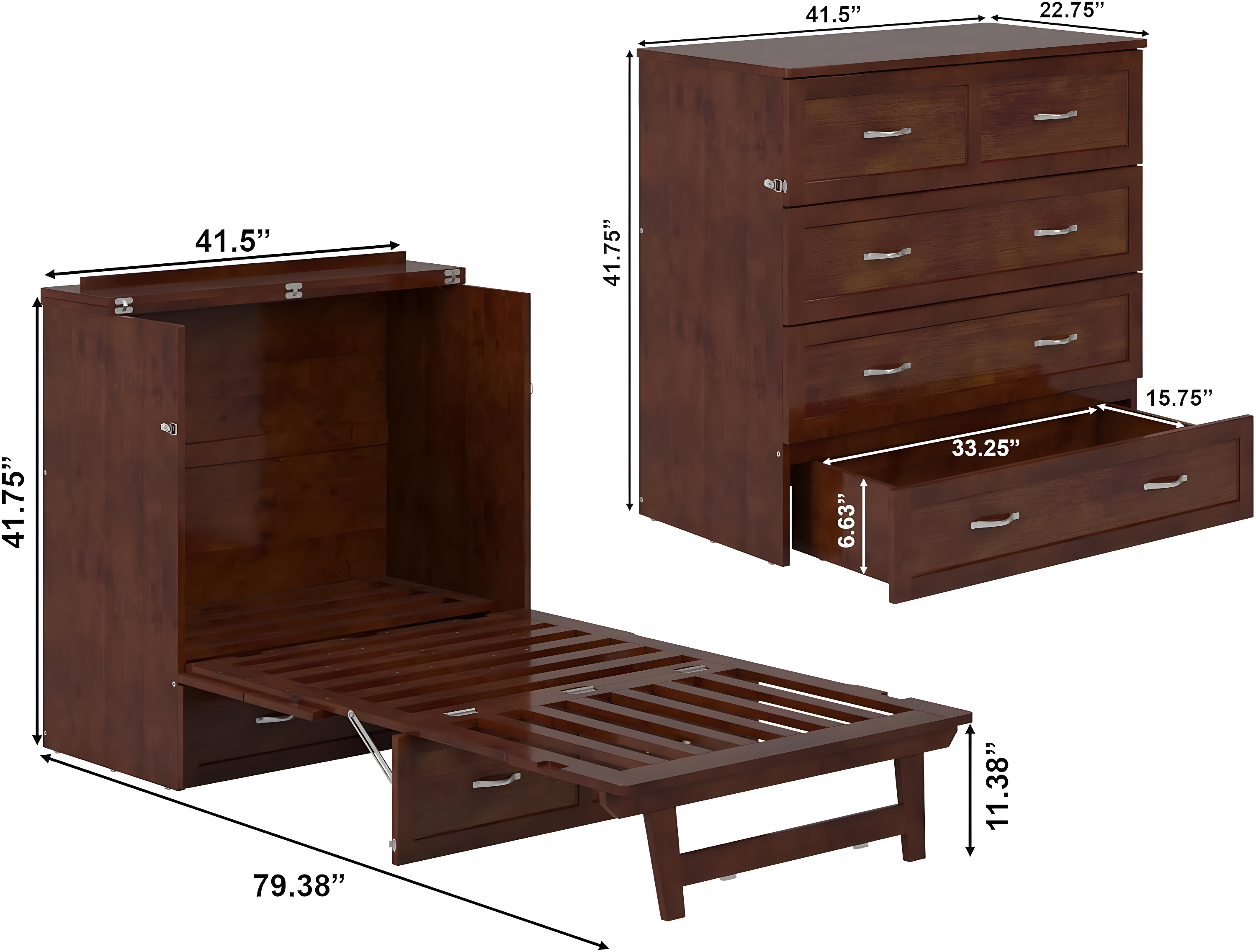 AFI Northfield Walnut Twin XL Solid Wood Murphy Bed Chest