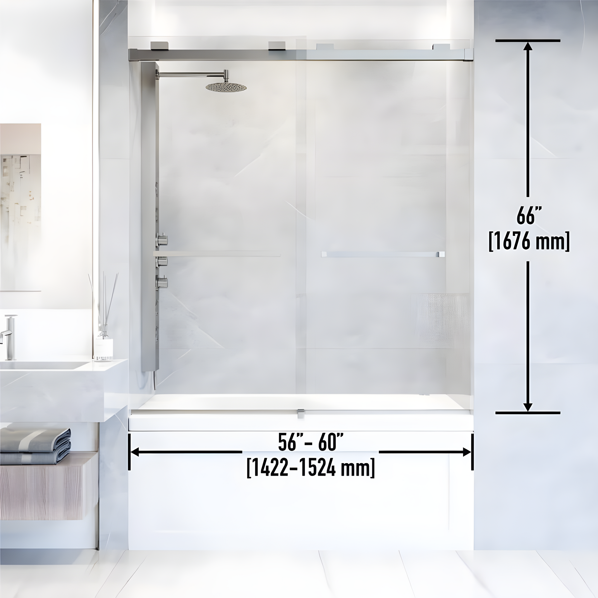 Houston 56-60" W x 66" H Double Sliding Frameless Tub Door with 3/8" Clear Glass