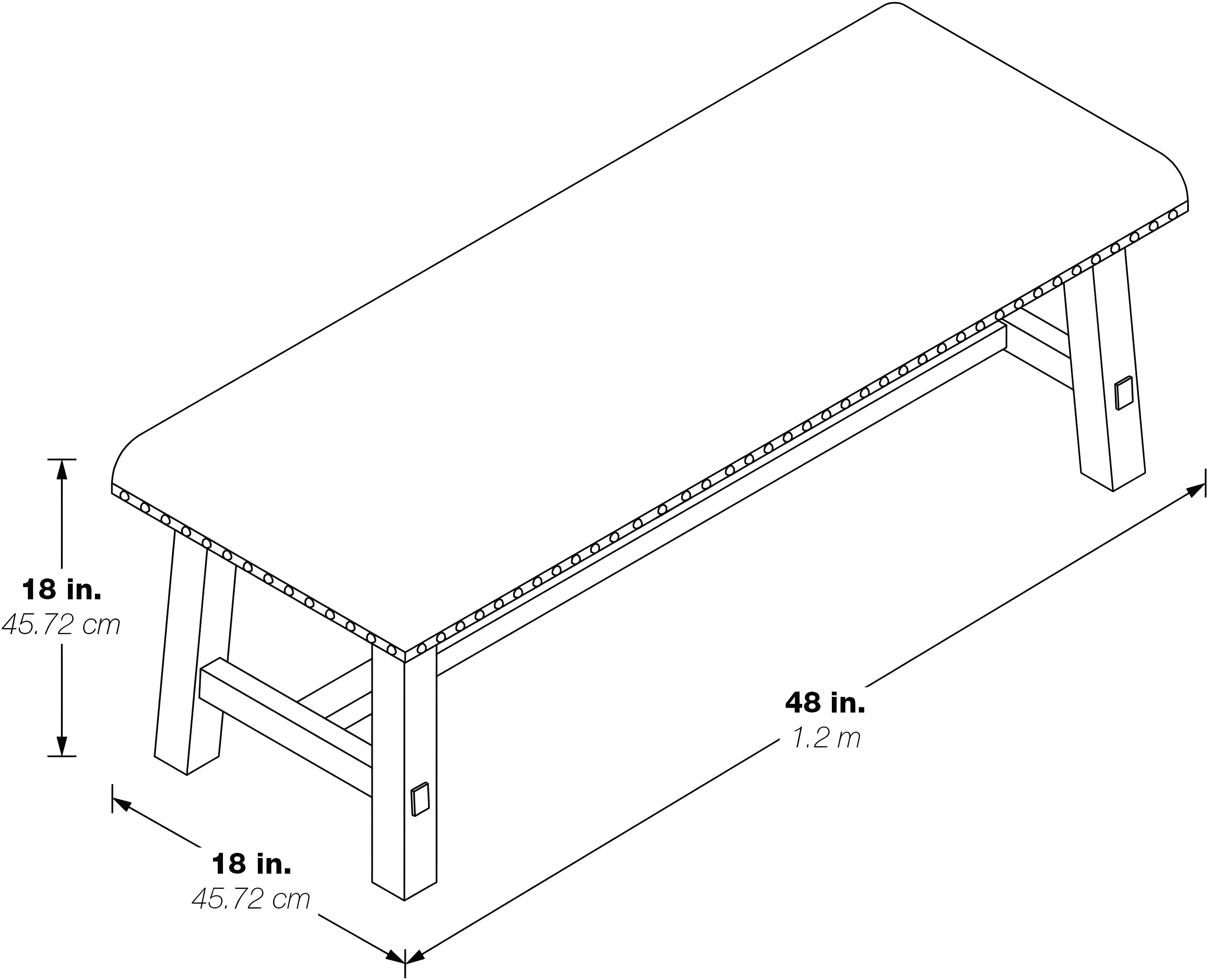 Callen Bench with Walnut Frame and Bronze Nailhead Trim in Linen White Fabric