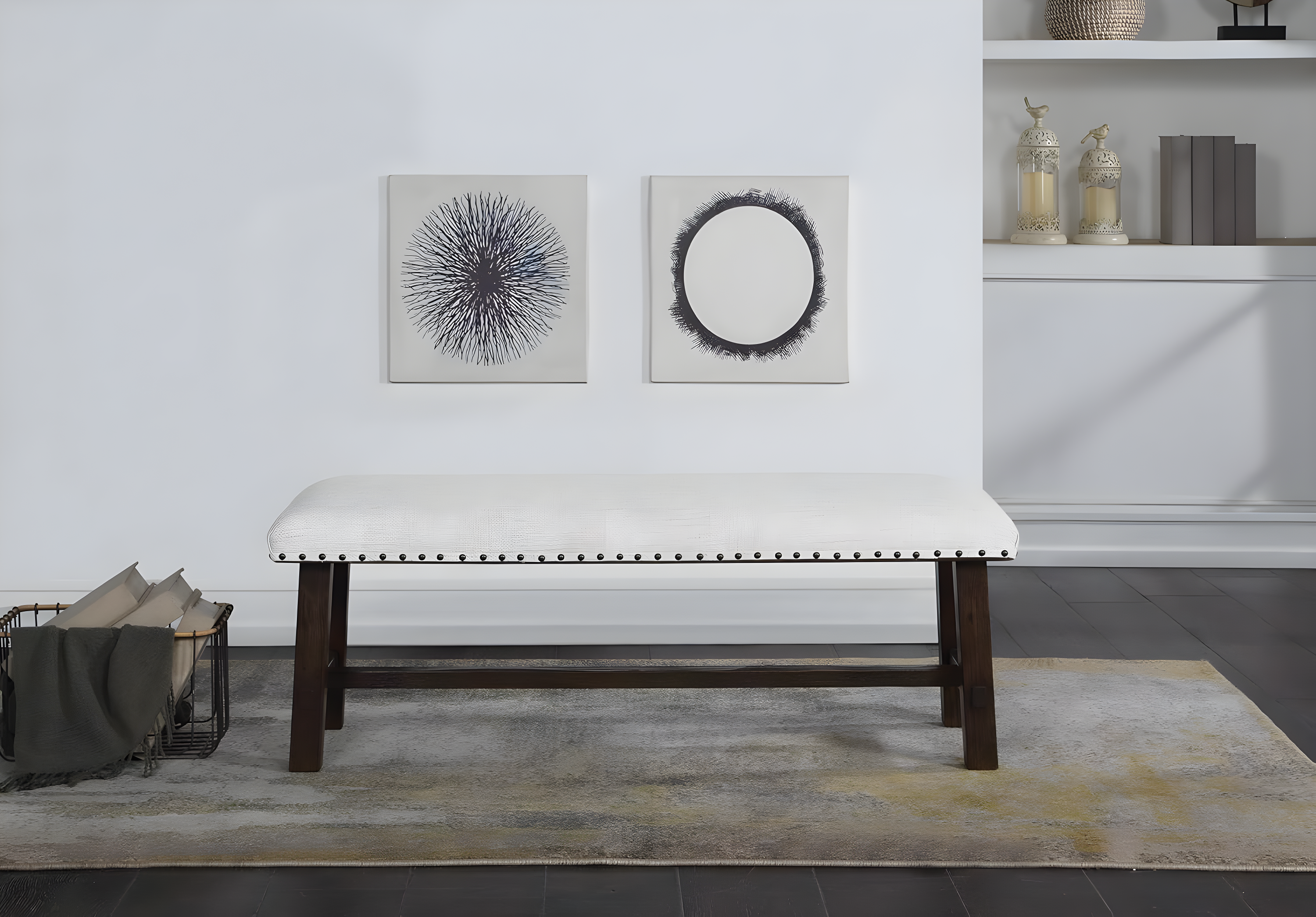 Callen Bench with Walnut Frame and Bronze Nailhead Trim in Linen White Fabric