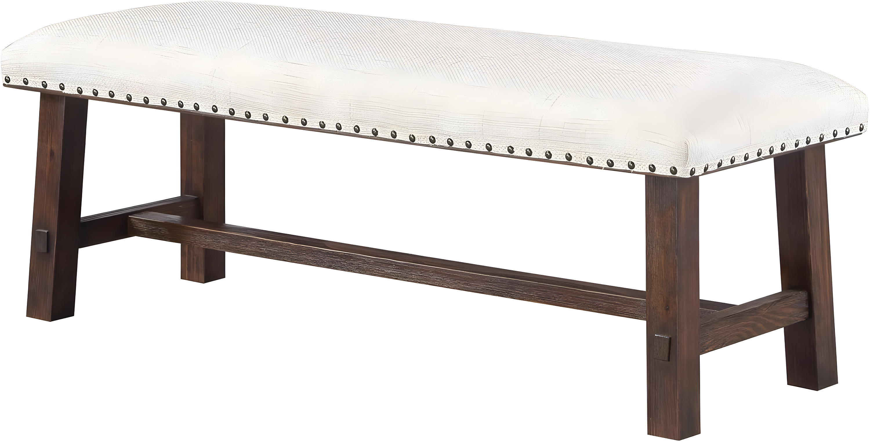 Callen Bench with Walnut Frame and Bronze Nailhead Trim in Linen White Fabric