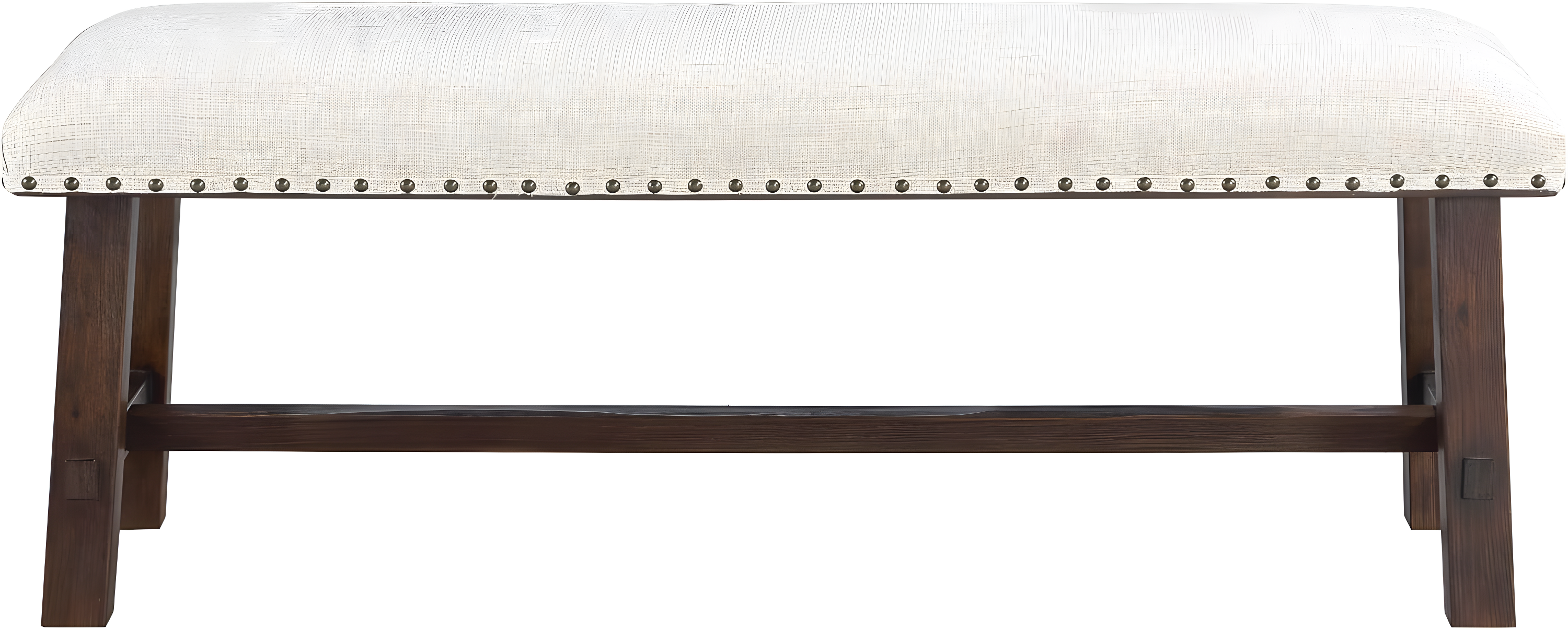 Callen Bench with Walnut Frame and Bronze Nailhead Trim in Linen White Fabric