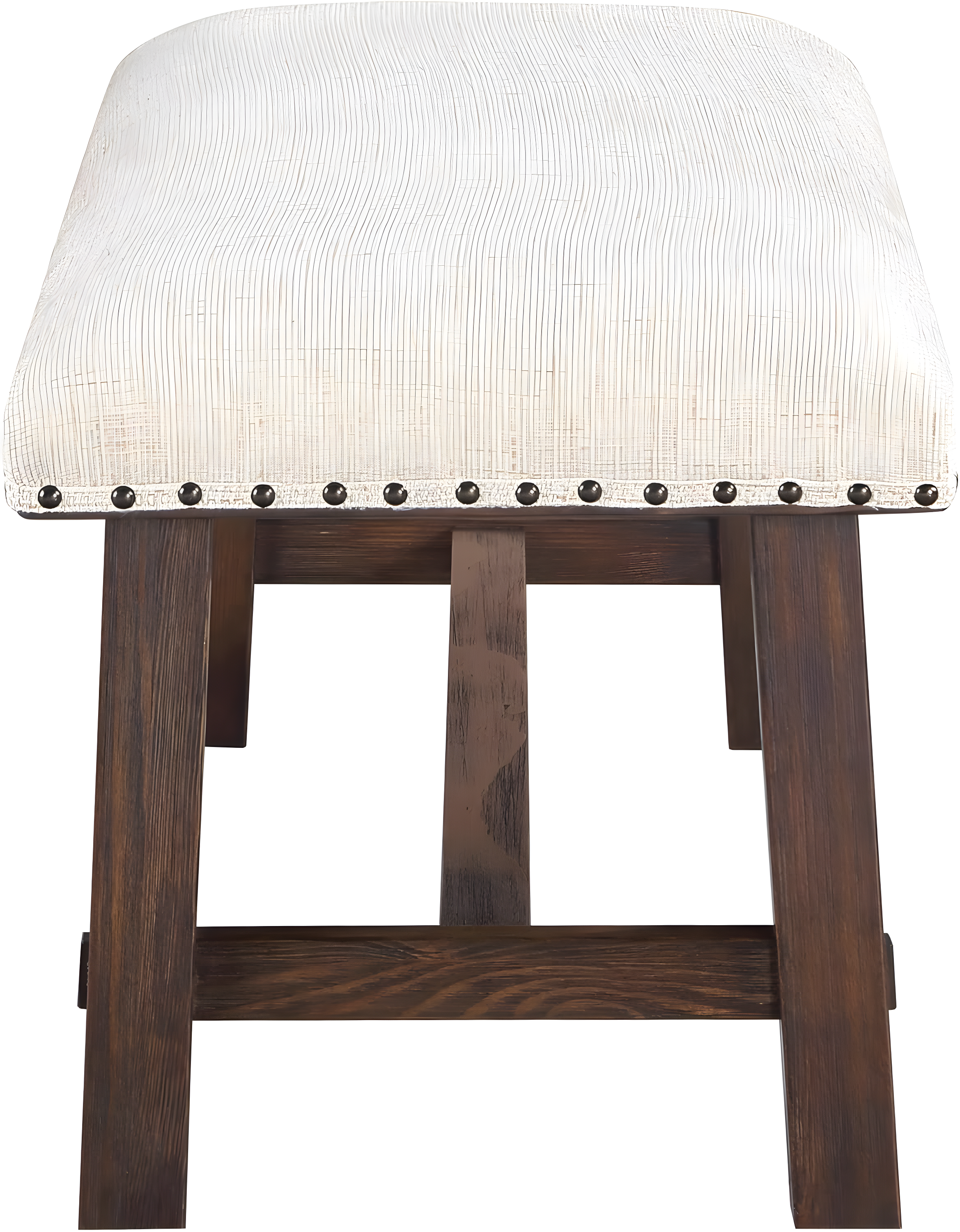 Callen Bench with Walnut Frame and Bronze Nailhead Trim in Linen White Fabric