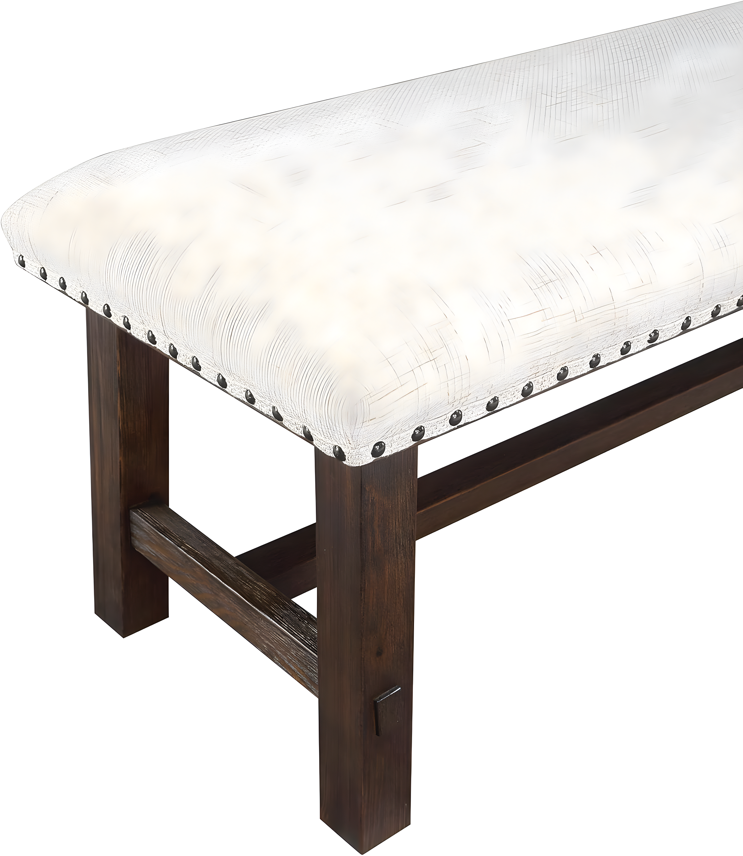 Callen Bench with Walnut Frame and Bronze Nailhead Trim in Linen White Fabric
