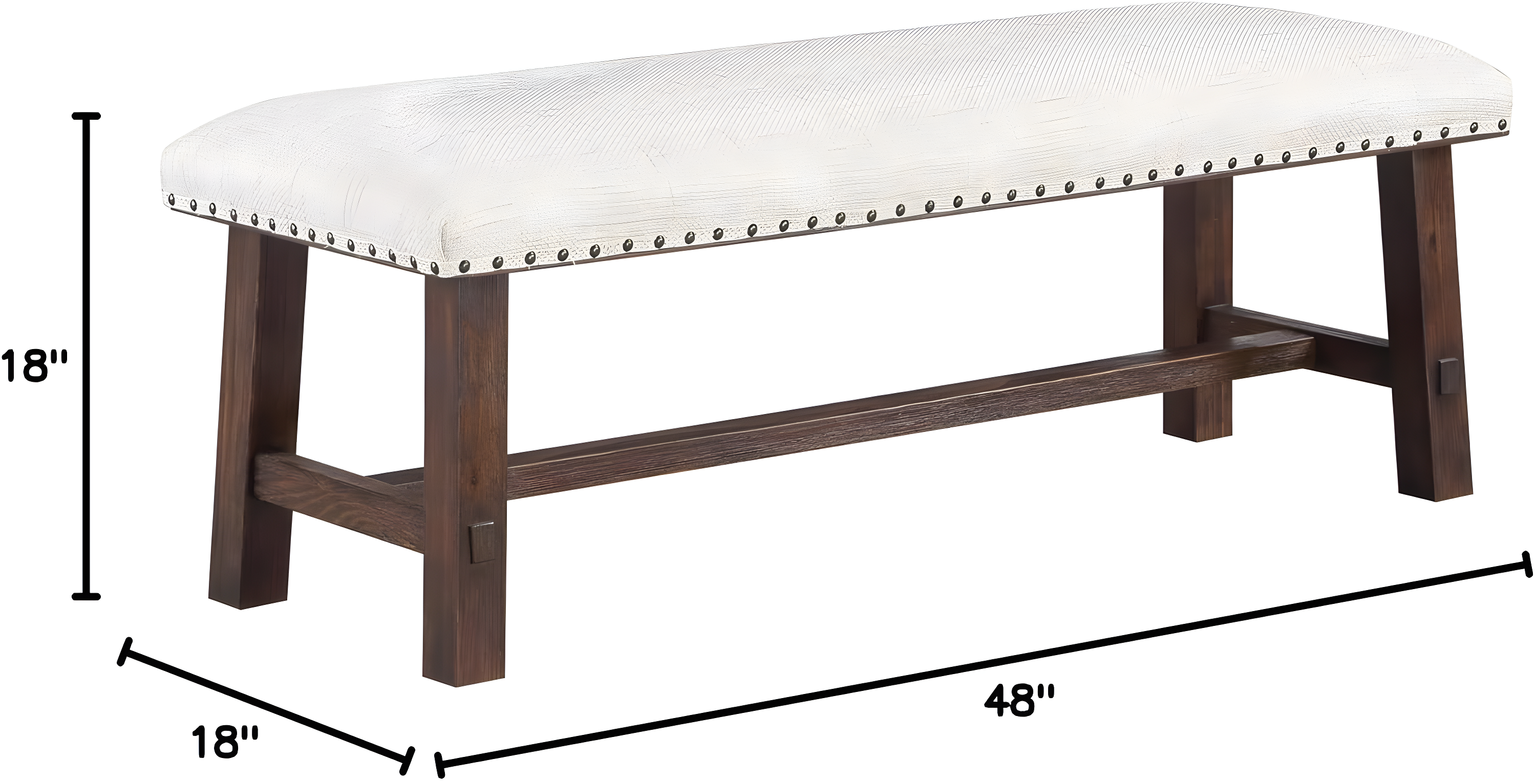 Callen Bench with Walnut Frame and Bronze Nailhead Trim in Linen White Fabric