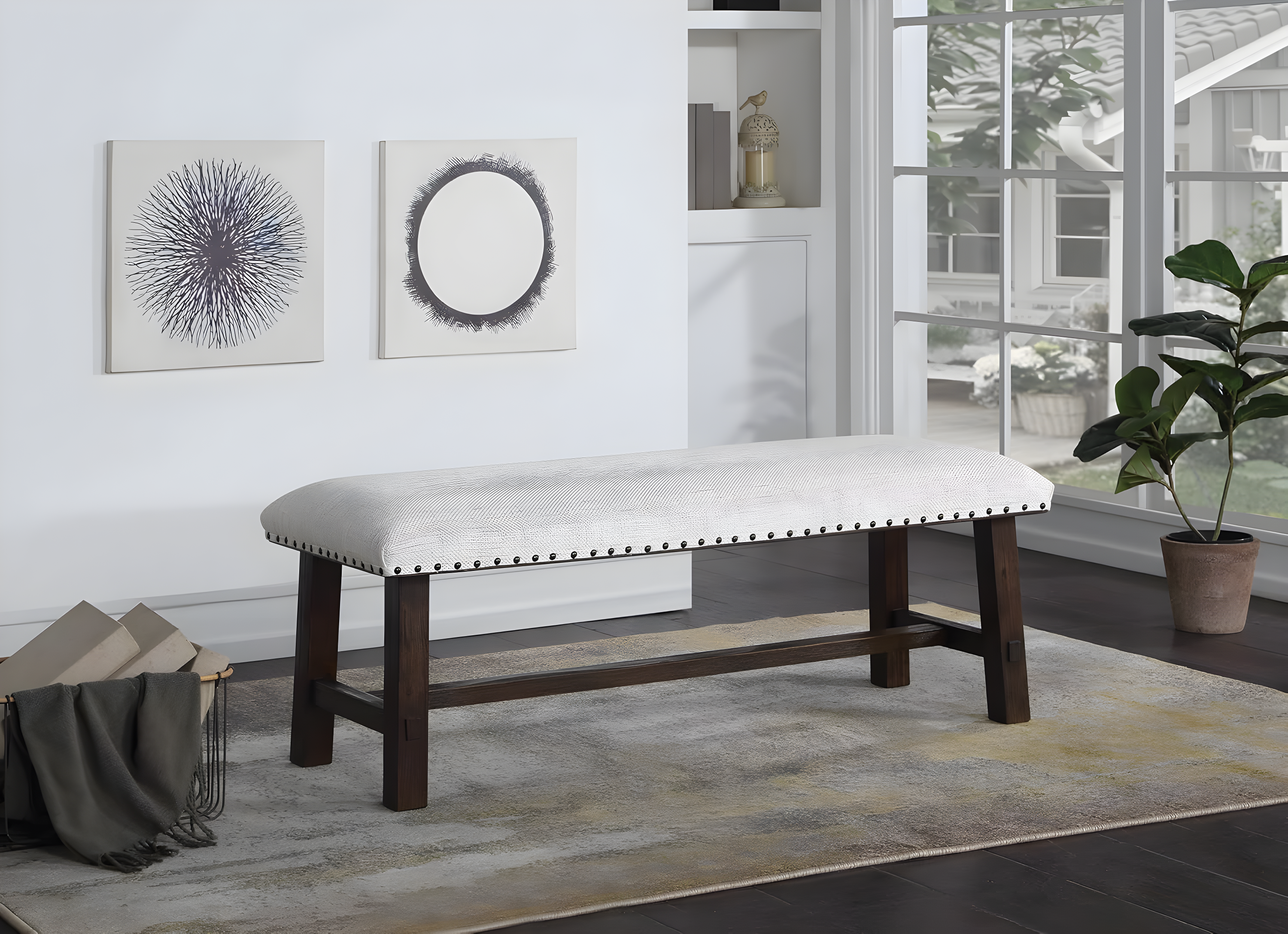 Callen Bench with Walnut Frame and Bronze Nailhead Trim in Linen White Fabric