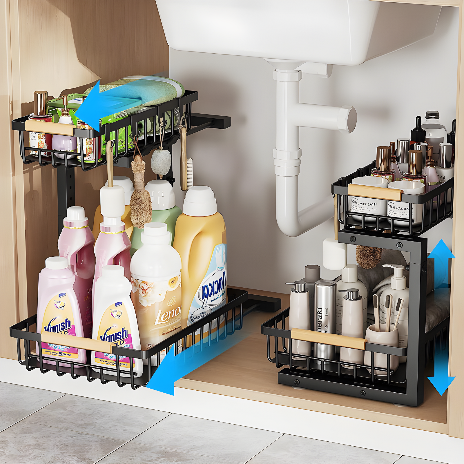 Rebrilliant Under Sink Organizer, 2 Tier Under Sink Organizers And Storage, Metal Slide Out Pull Out Cabinet Organizer ,2 Pack Sliding Drawer Organizer For Kitchen Bathroom Pantry