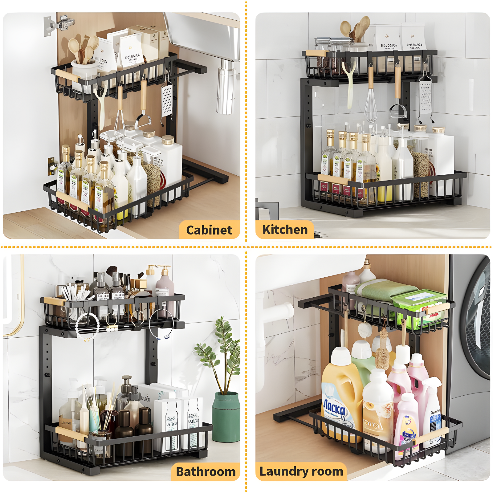 Rebrilliant Under Sink Organizer, 2 Tier Under Sink Organizers And Storage, Metal Slide Out Pull Out Cabinet Organizer ,2 Pack Sliding Drawer Organizer For Kitchen Bathroom Pantry